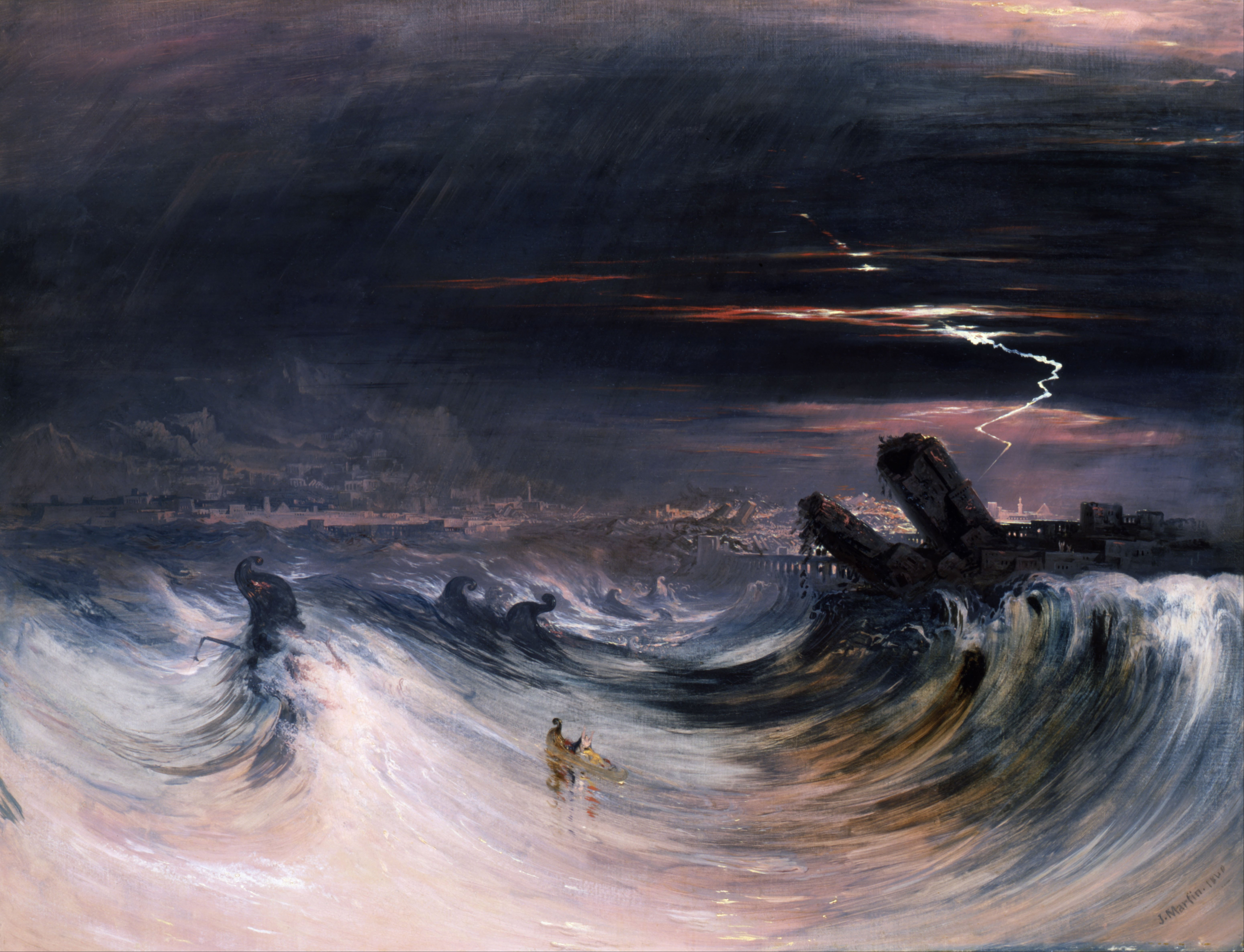 Waves batter Tyre’s buildings and boats, with a woman raising her arms in the foreground.