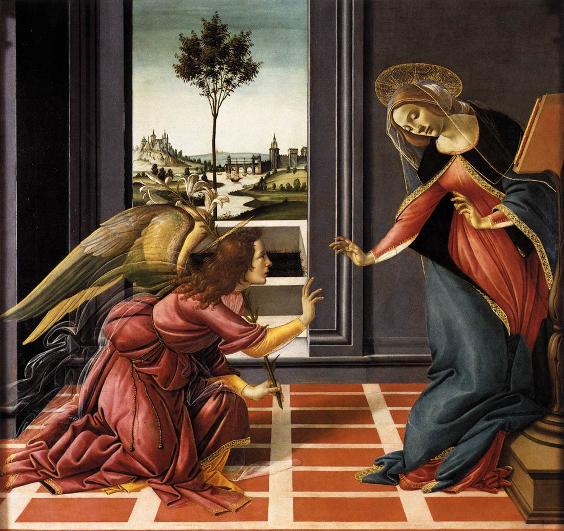 Botticelli’s Cestello Annunciation, with Mary and the kneeling Gabriel reaching toward one another across a spare room.