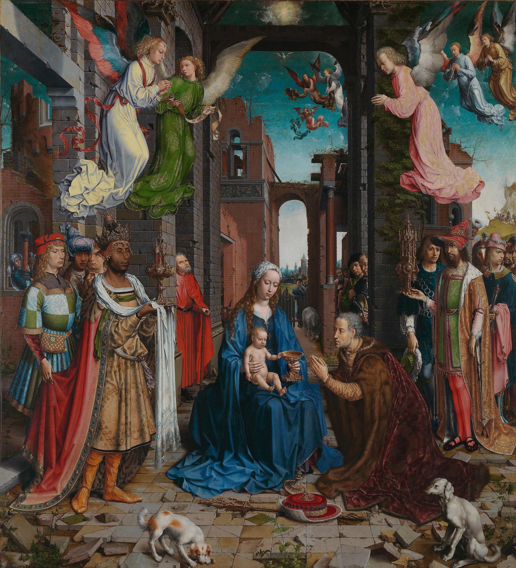 Jan Gossaert’s Adoration of the Kings, with brilliantly dressed Magi, angels and onlookers around Mary and Jesus in elaborate ruined architecture.
