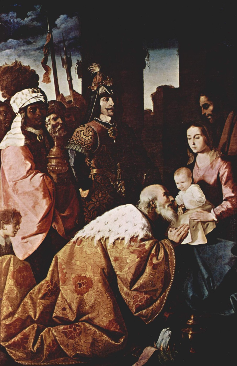 Zurbarán’s Adoration of the Magi, with a king in shimmering gold brocade kneeling beside Mary and the infant Jesus.