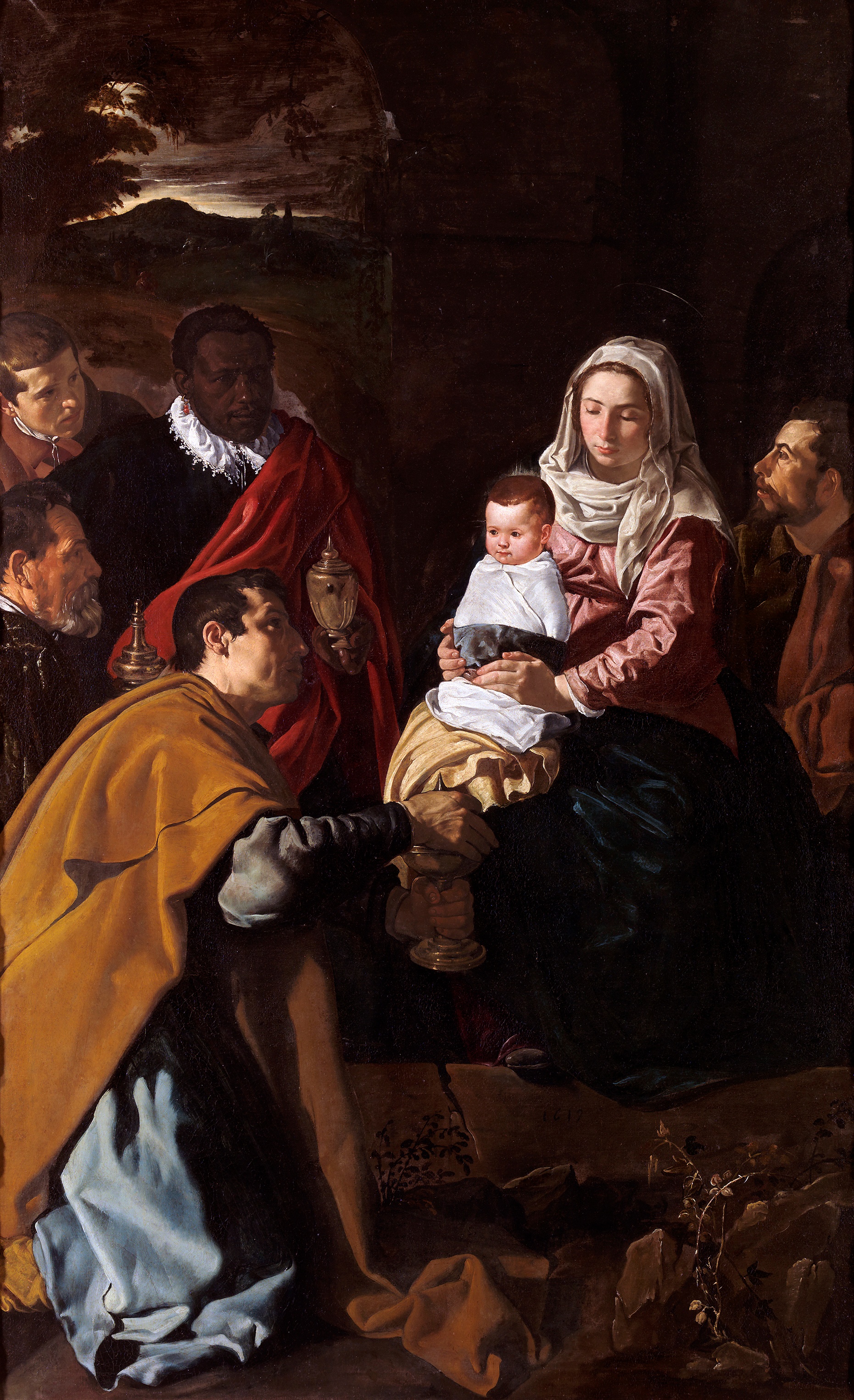 Velázquez’s Adoration of the Magi, with the swaddled infant Jesus on Mary’s lap and three closely gathered kings emerging from a dark background.
