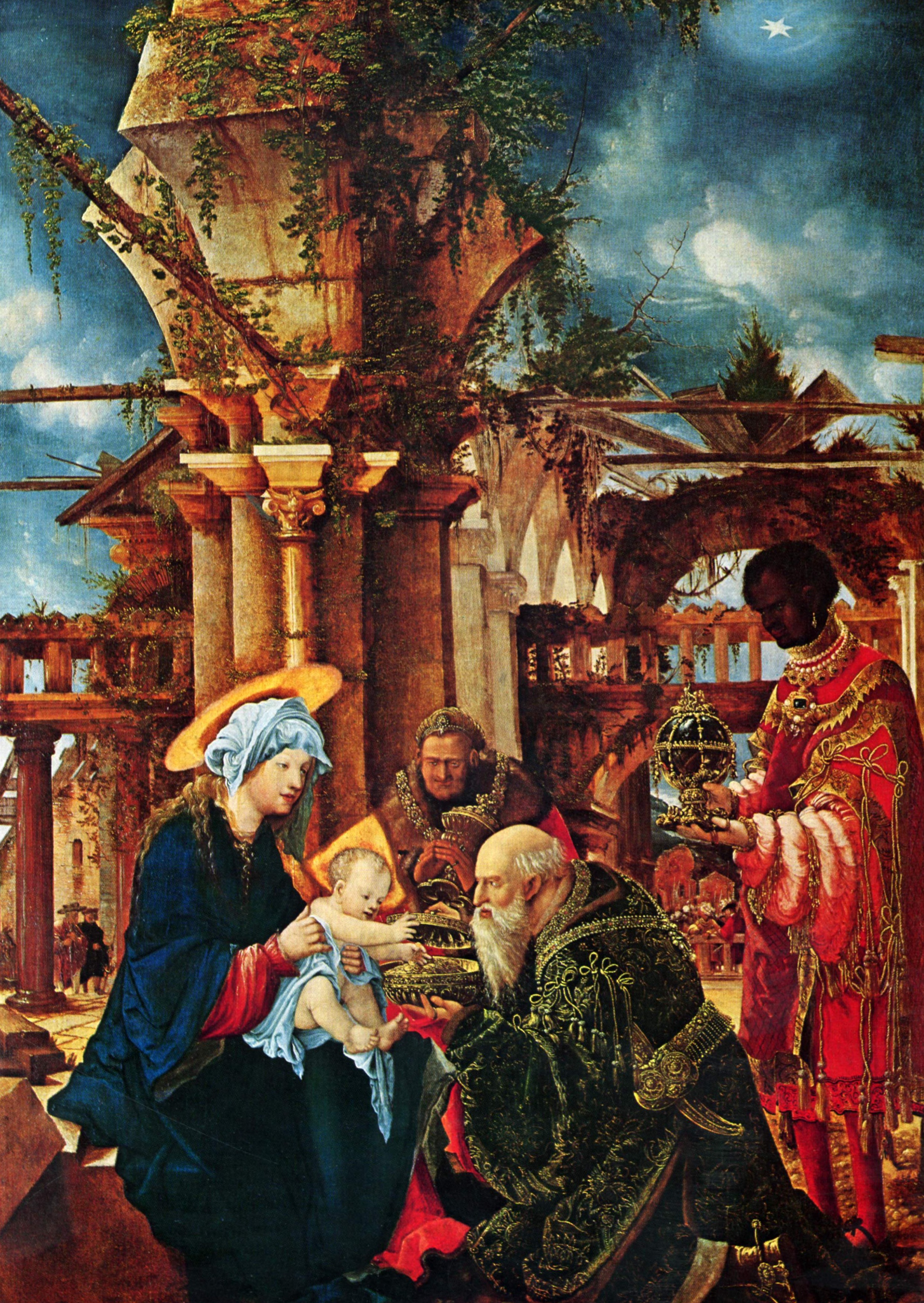 Albrecht Altdorfer’s Adoration of the Magi beneath intricately painted ruined architecture and a star-filled sky.