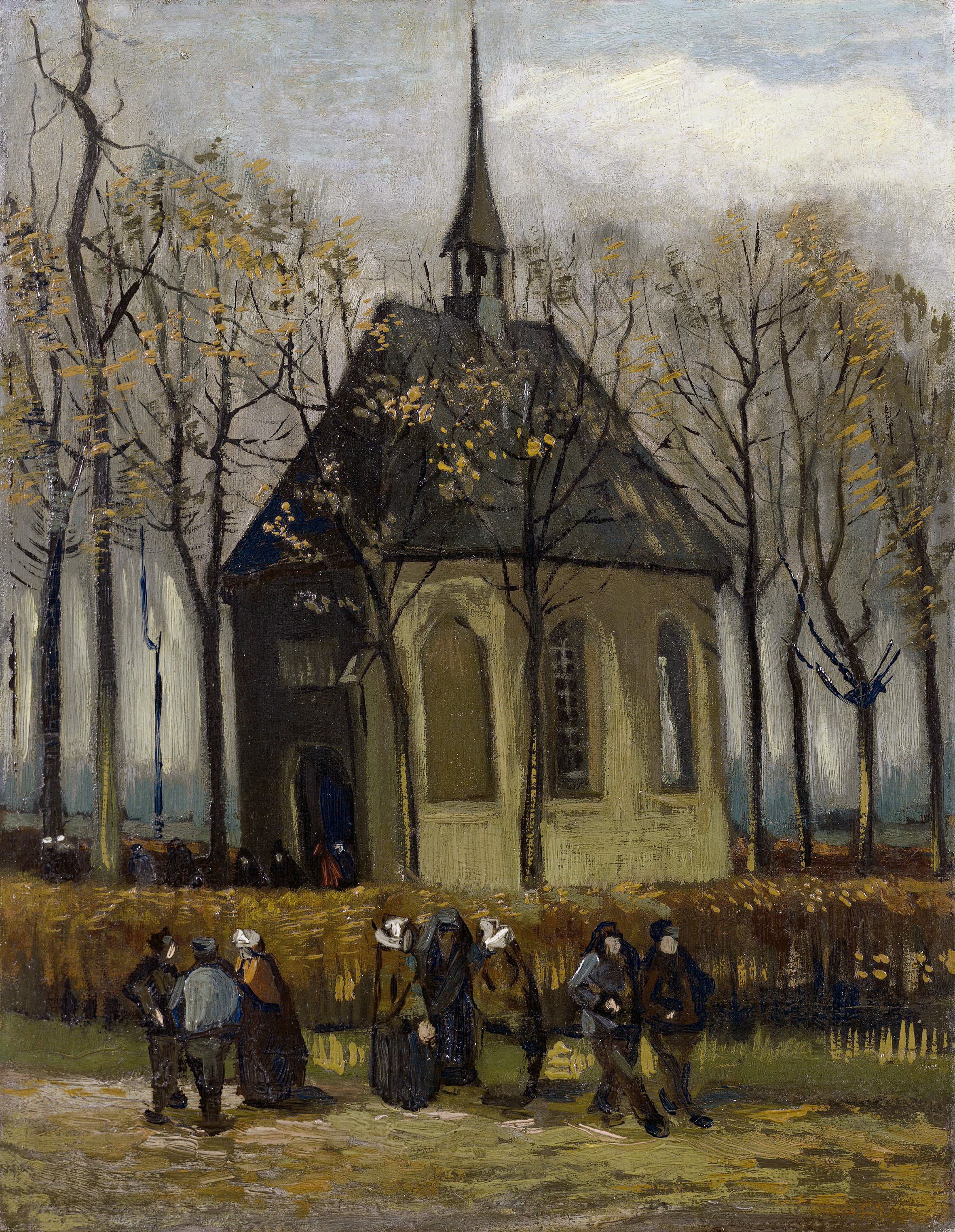 Congregation Leaving the Reformed Church in Nuenen by Vincent van Gogh (1884–1885): churchgoers walking away from the church where his father was the pastor. A Van Gogh church painting.