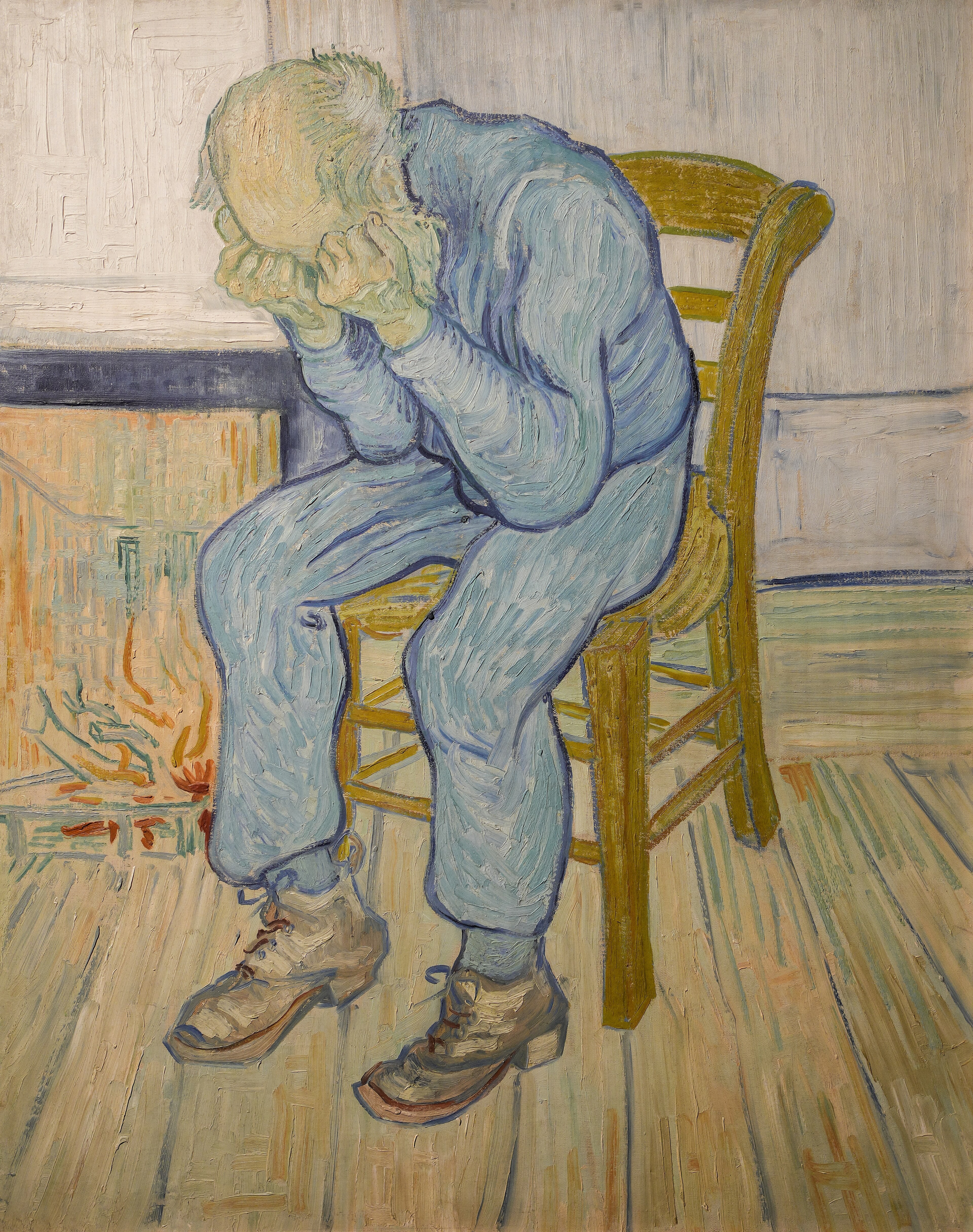 At Eternity’s Gate (Sorrowing Old Man) by Vincent van Gogh (1890): an old man sitting by a fire with his face buried in his fists. Van Gogh’s painting about faith in God and eternity.