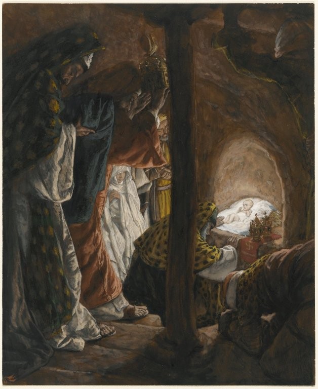 James Tissot’s Adoration of the Magi, a close view of richly dressed visitors around the infant Jesus, with a wooden post dividing the dark interior.