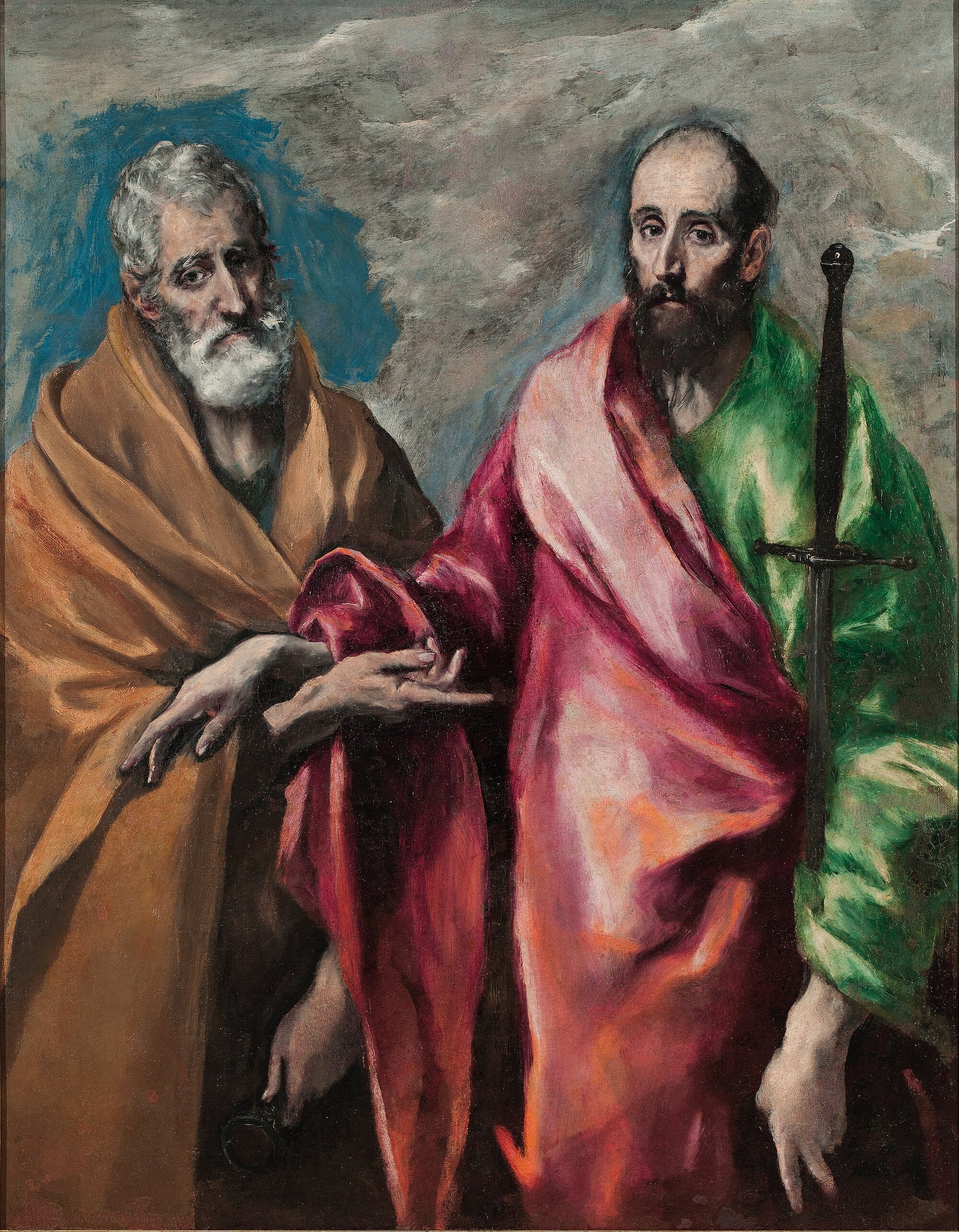 Peter in yellow and Paul in red and green stand beneath clouds, their hands crossing without touching; Paul holds a sword.