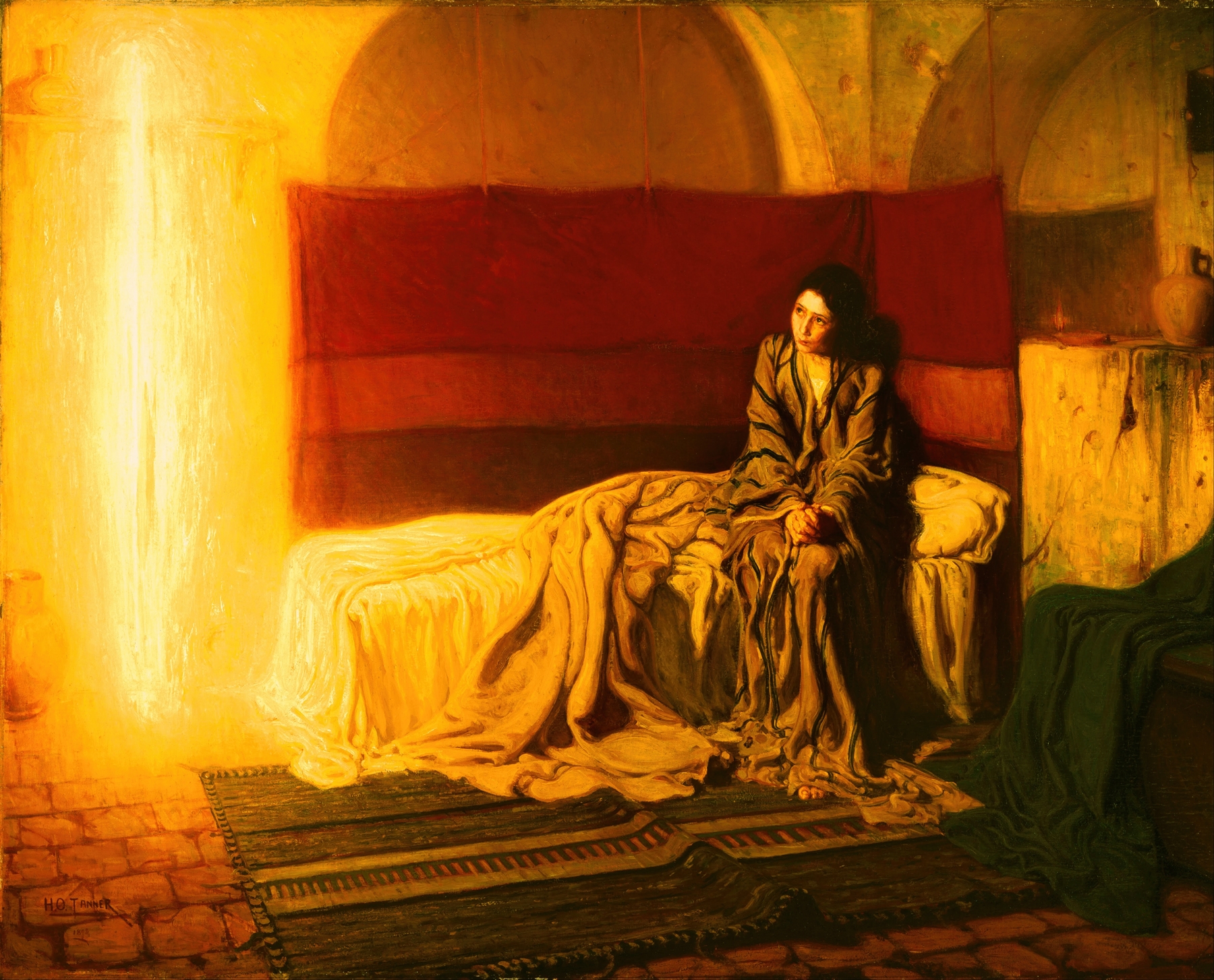 The Annunciation by Henry Ossawa Tanner (1898): Mary sits on the edge of a bed in a striped robe with her hands clasped, turned toward a tall column of golden light that represents the angel Gabriel.