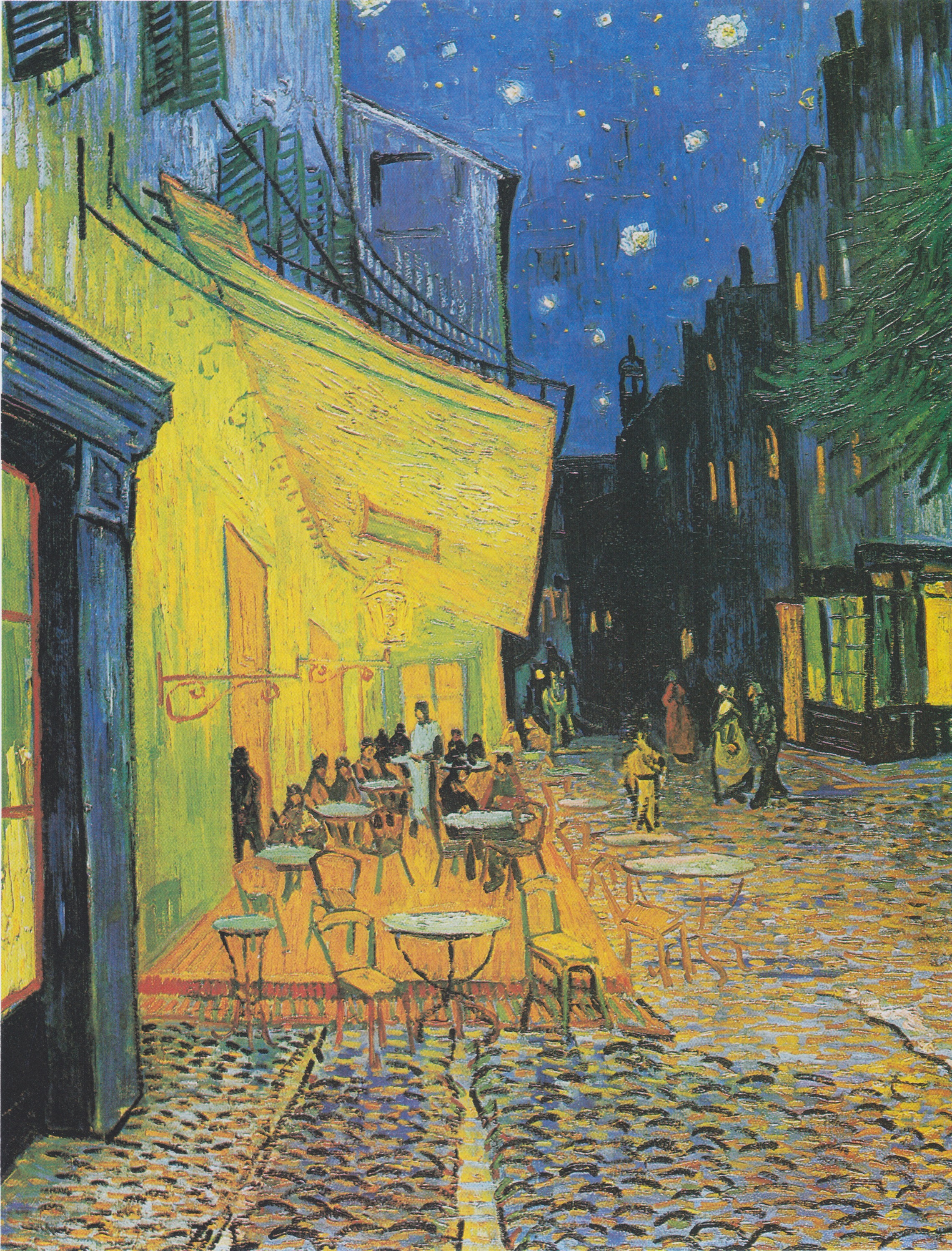 Café Terrace at Night by Vincent van Gogh (1888): a gas-lit café terrace on the Place du Forum in Arles under a starry sky. The painting at the center of the Van Gogh Last Supper theory.