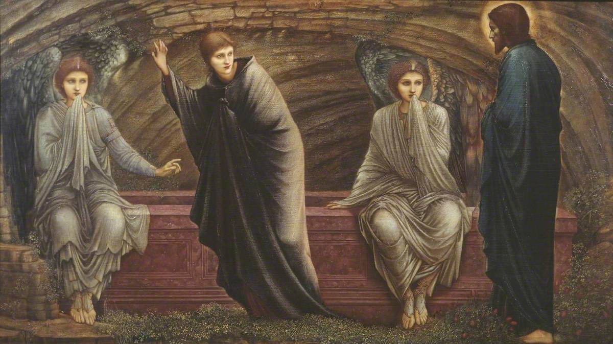 The Morning of the Resurrection by Edward Burne-Jones (1886): Mary Magdalene turns from two angels seated at the empty tomb toward the risen Jesus, who stands behind her.
