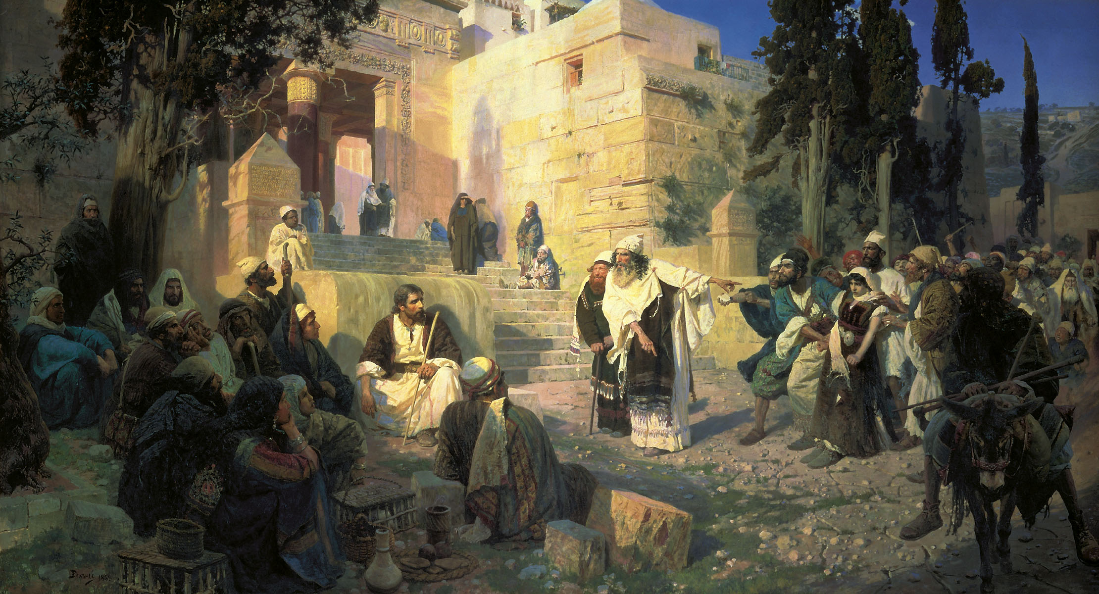 Christ and the Sinner by Vasily Polenov (1888): Jesus sits among his listeners at the foot of the temple steps while a crowd at the right brings a young woman toward him. A painting of Jesus and the woman caught in adultery.