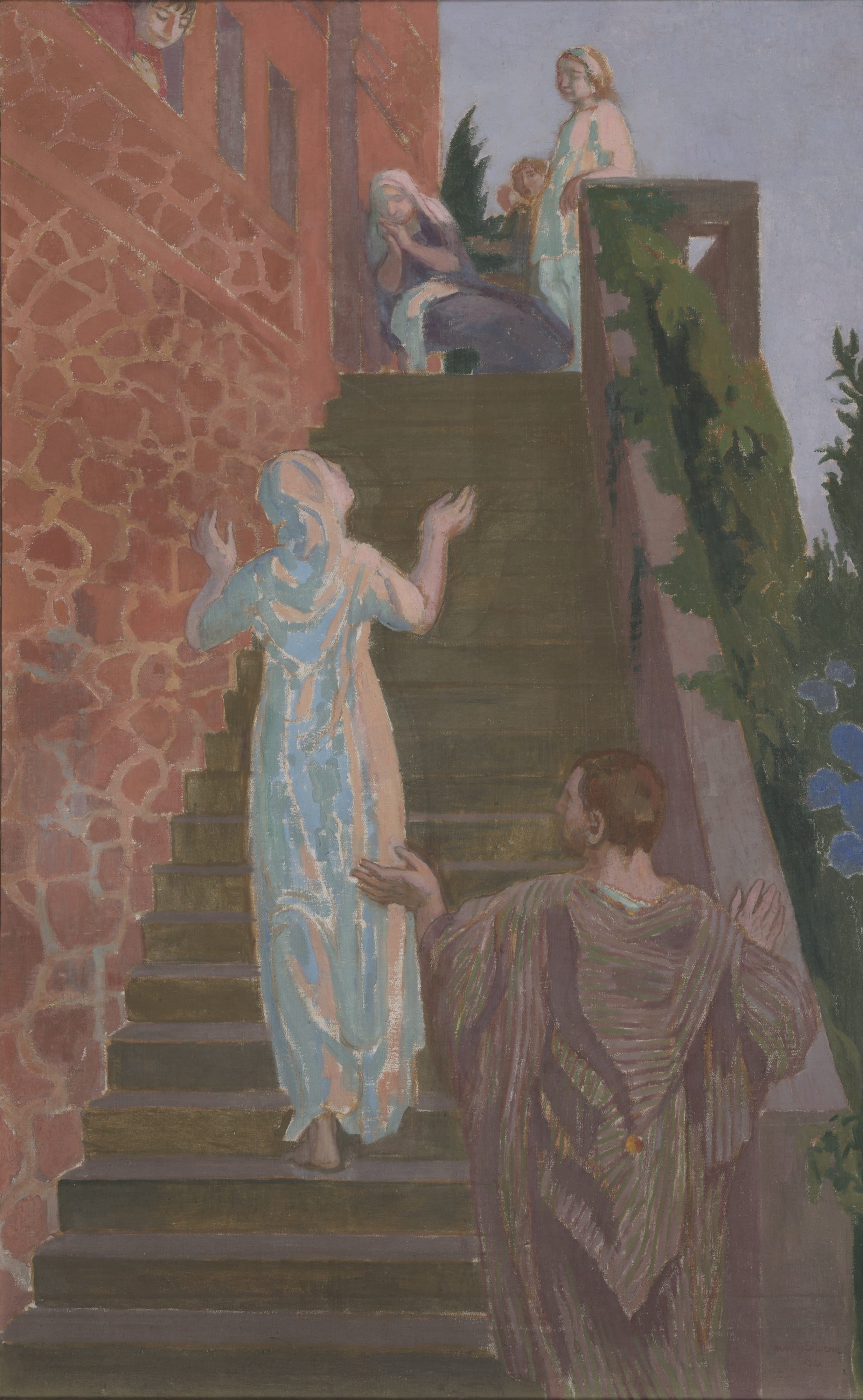 Maurice Denis’s 1921 Visitation on the Staircase of Silencio, with Mary ascending sunlit steps toward Elizabeth and a woman at the window.