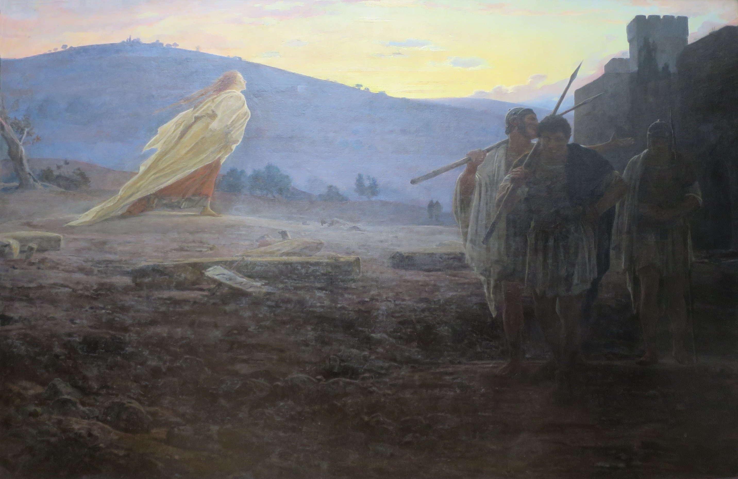 Heralds of the Resurrection by Nikolai Ge (1867): Mary Magdalene hurries from the empty tomb at dawn with the news, while the guards walk in shadow at the right.