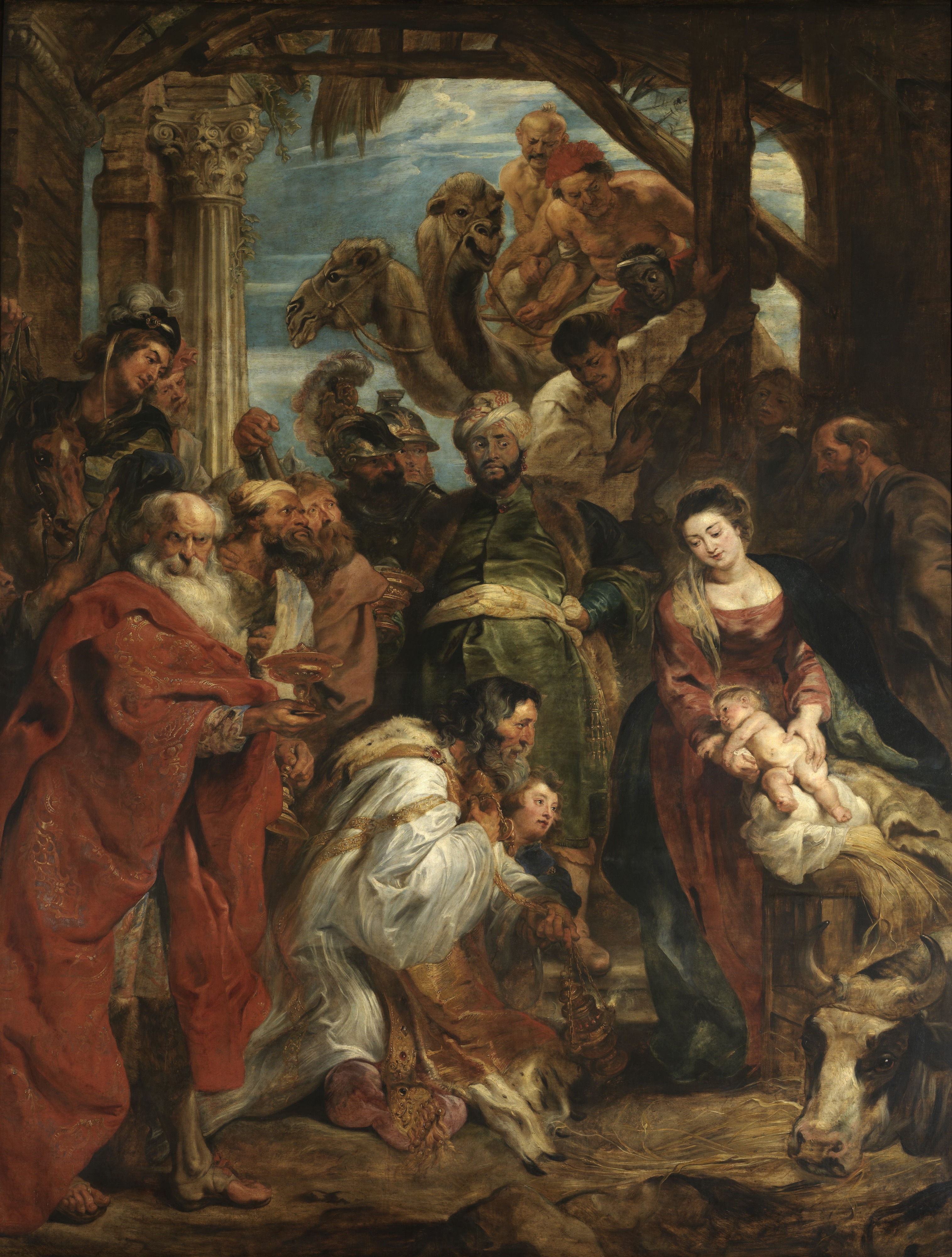 Rubens’s Antwerp Adoration of the Magi, a tall crowded composition with Mary and Jesus on the right and elaborately dressed kings approaching.