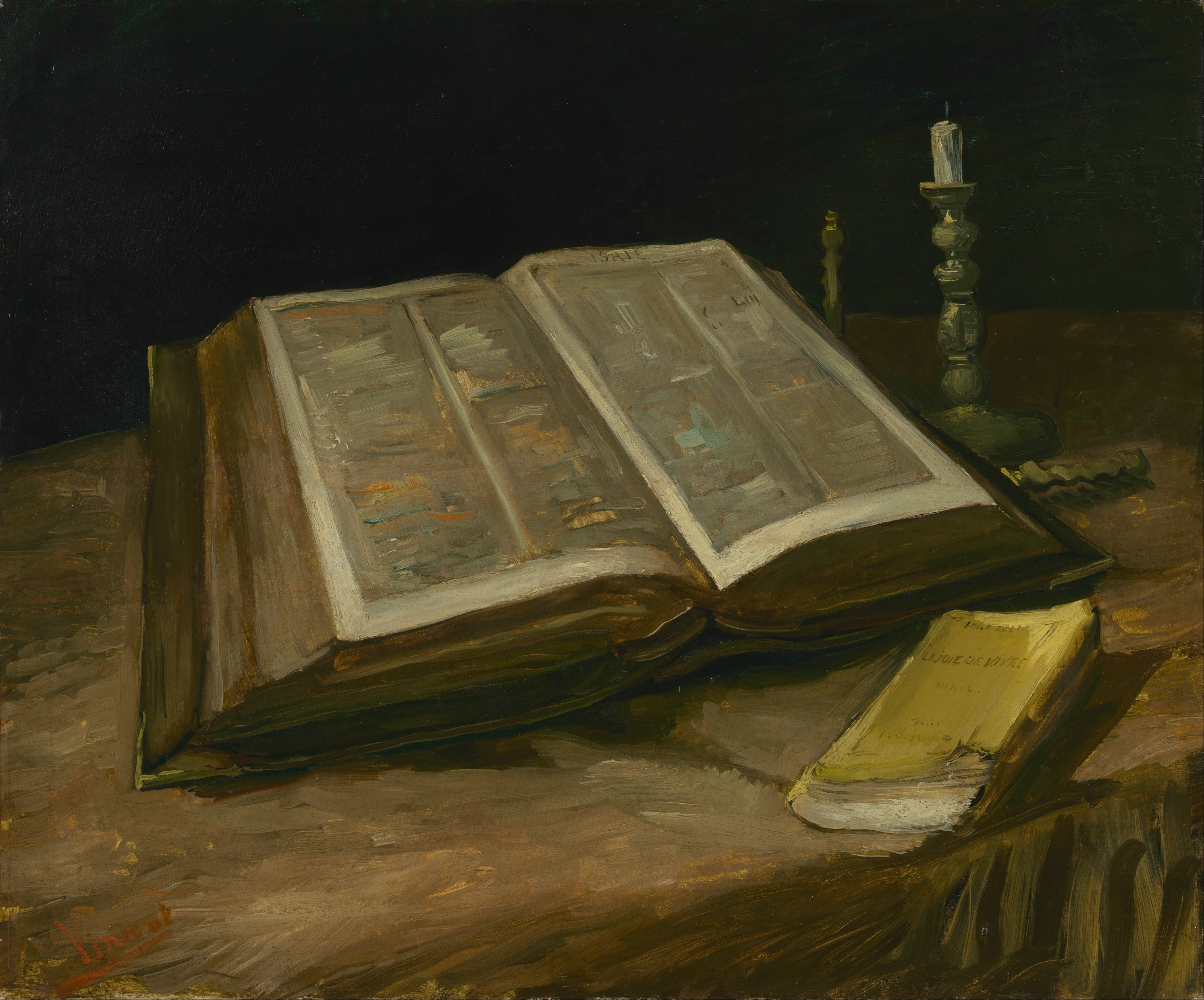 Still Life with Bible by Vincent van Gogh (1885): his late father’s large open Bible on a table beside a small yellow copy of Émile Zola’s novel La joie de vivre. A Van Gogh painting about faith and his father.