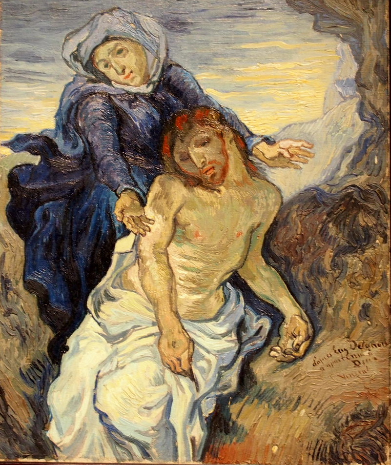 Pietà (after Delacroix) by Vincent van Gogh (1889): Mary with outstretched arms beside the body of the dead Christ, painted with red hair and beard. Van Gogh’s copy of Delacroix’s Pietà.