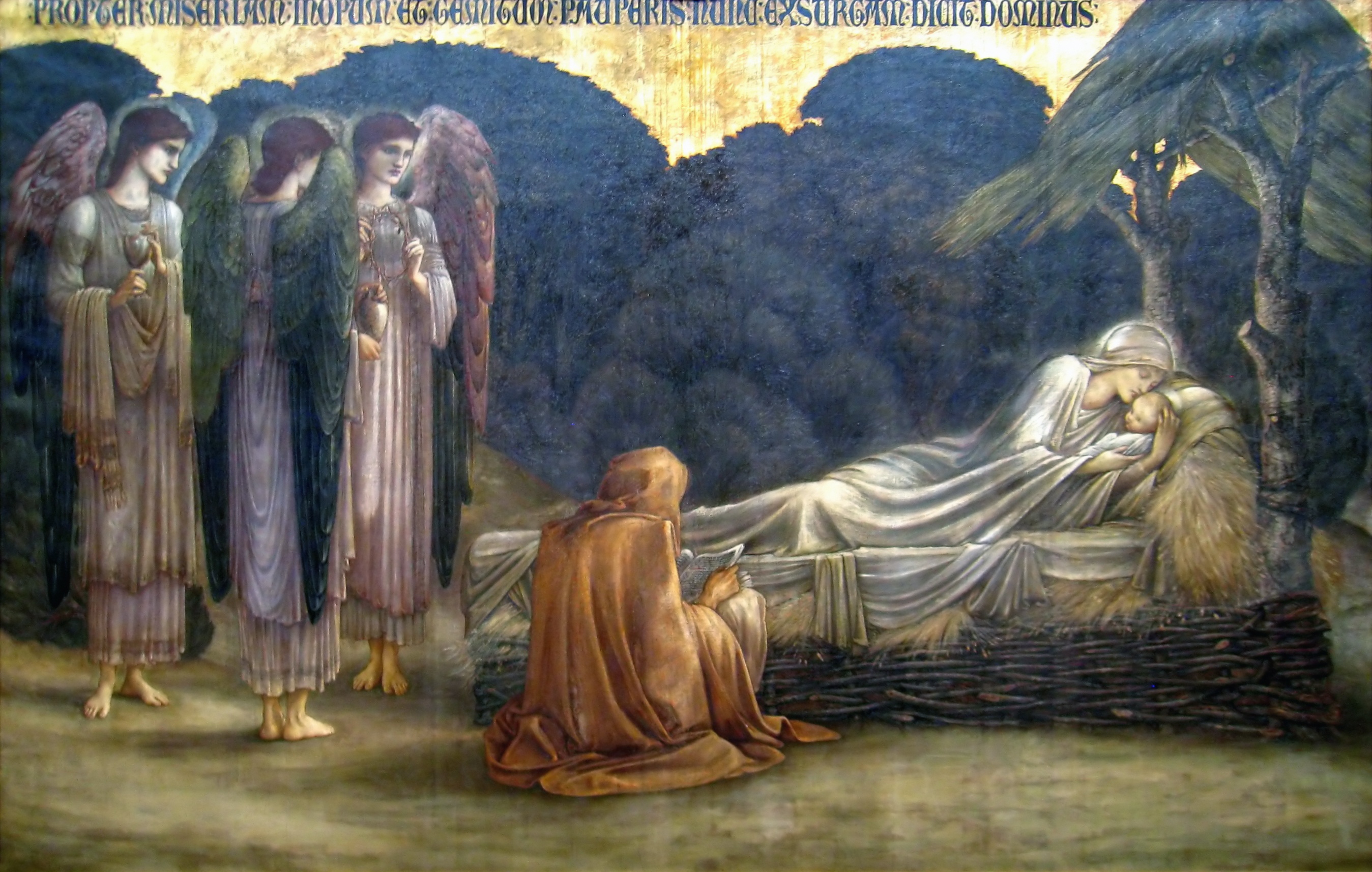 Edward Burne-Jones’s The Nativity: three tall angels stand beside Mary, who lies with the baby on a straw-filled manger while Joseph sits reading, under a gold Latin inscription.