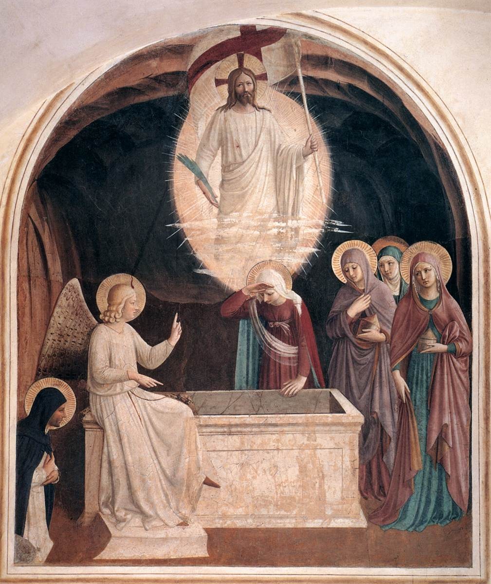 Resurrection of Christ and Women at the Tomb by Fra Angelico (1440–42): an angel seated on the empty tomb speaks to Mary Magdalene and the other women, one of whom bends to look inside, while Saint Dominic kneels at the left.