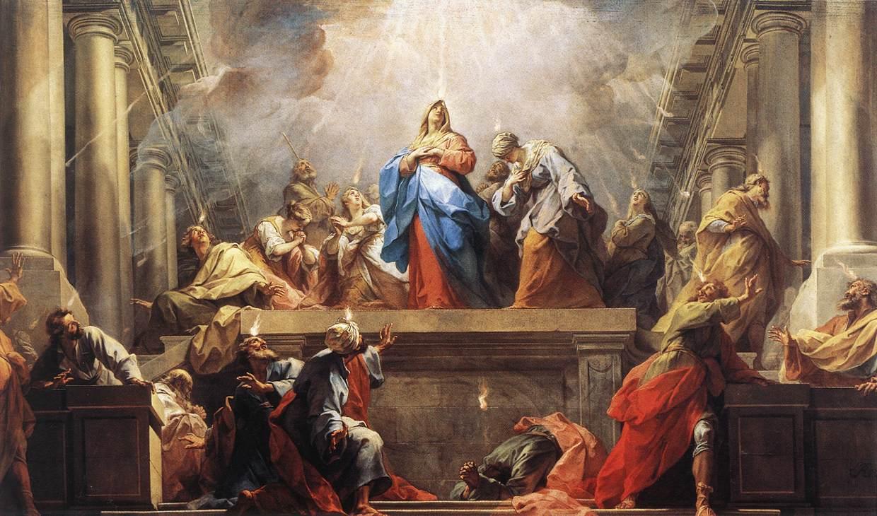 Pentecost by Jean Restout II, with Mary standing at the center beneath light, her hands at her chest, and apostles reacting across the steps of a broad hall