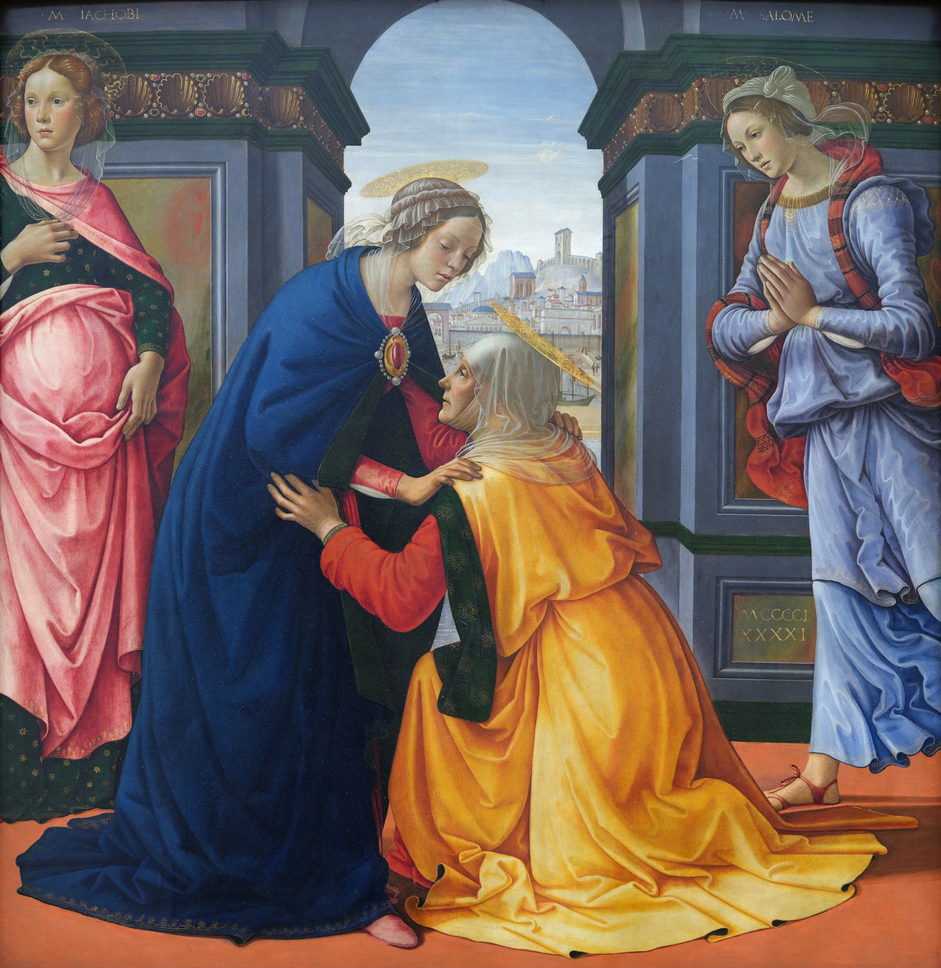 Domenico Ghirlandaio’s 1491 Visitation, with Elizabeth kneeling before Mary beneath a classical arch and two female saints beside them.