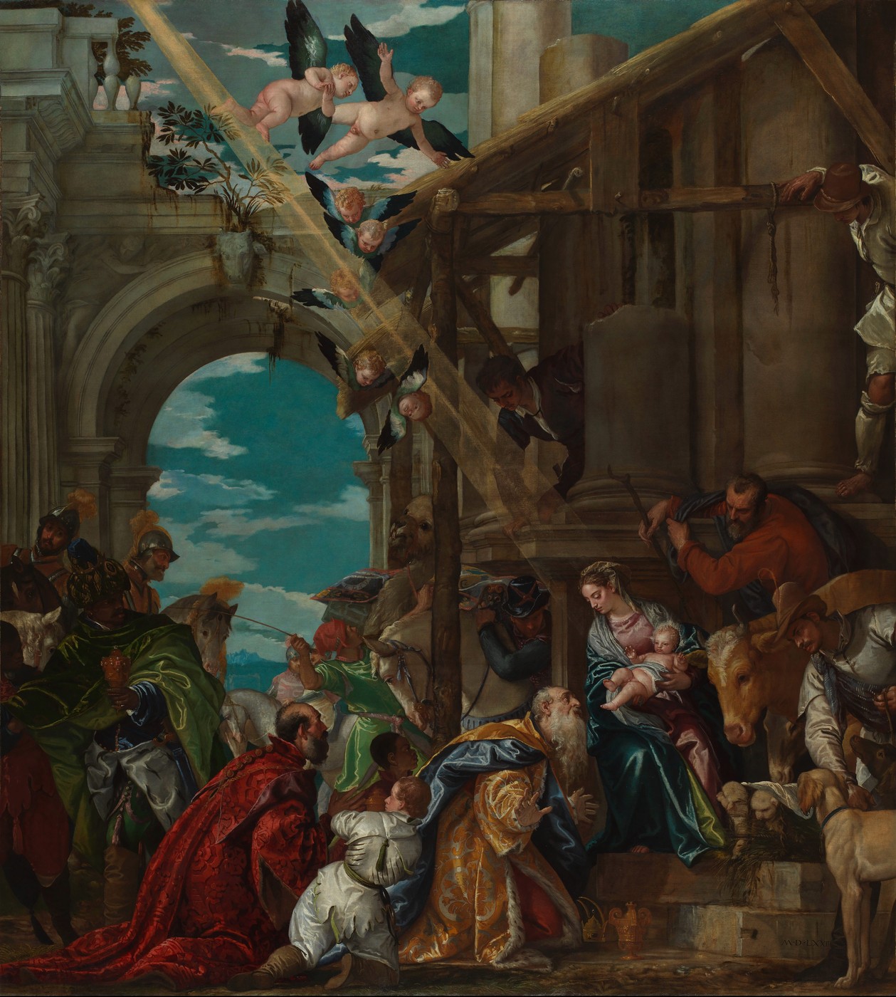 Paolo Veronese’s 1573 Adoration of the Kings, with a diagonal shaft of heavenly light directing attention toward Mary and the infant Jesus.