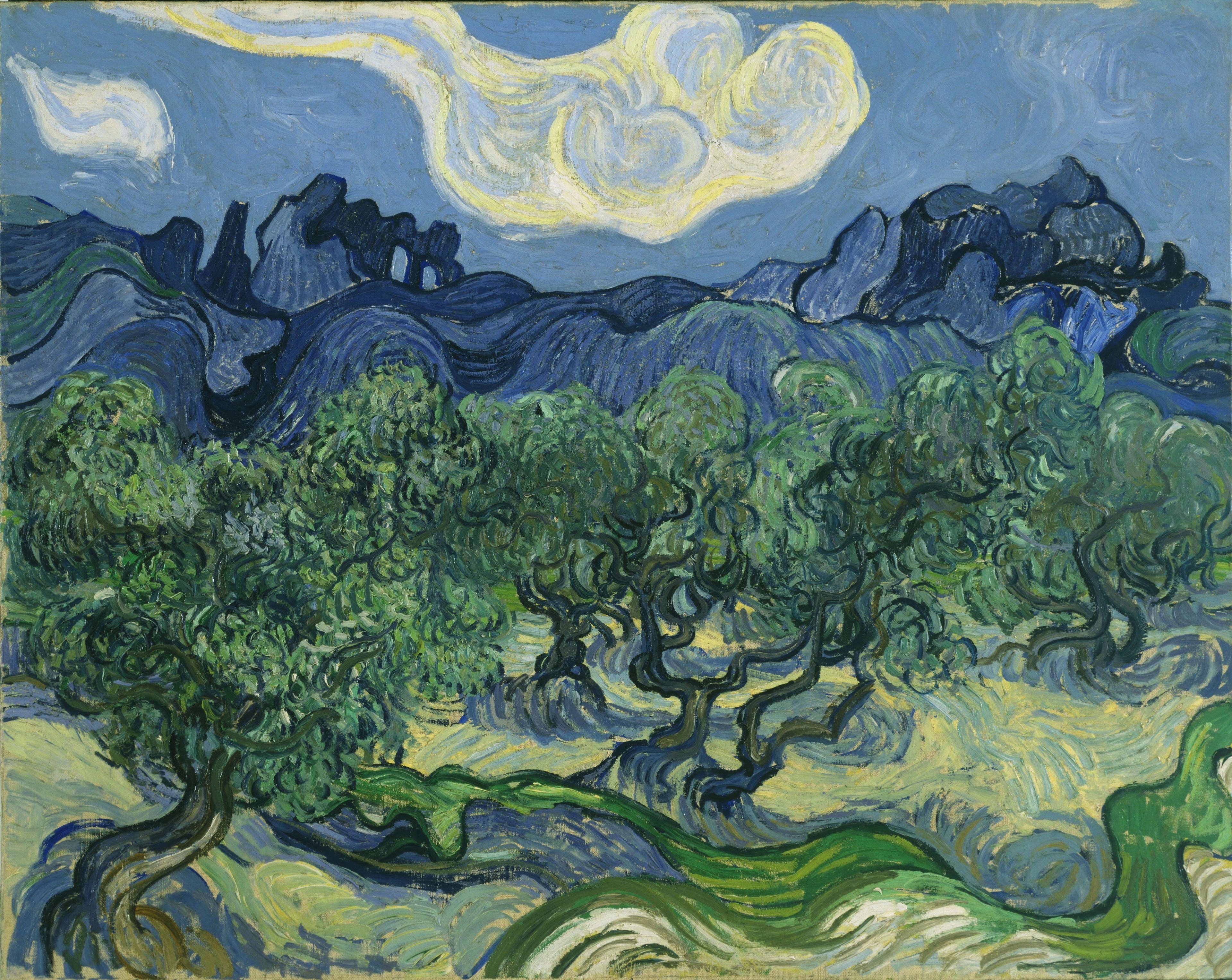 The Olive Trees by Vincent van Gogh (1889): olive trees under a swirling sky with hills behind. One of the olive grove paintings Van Gogh made instead of a Garden of Gethsemane.