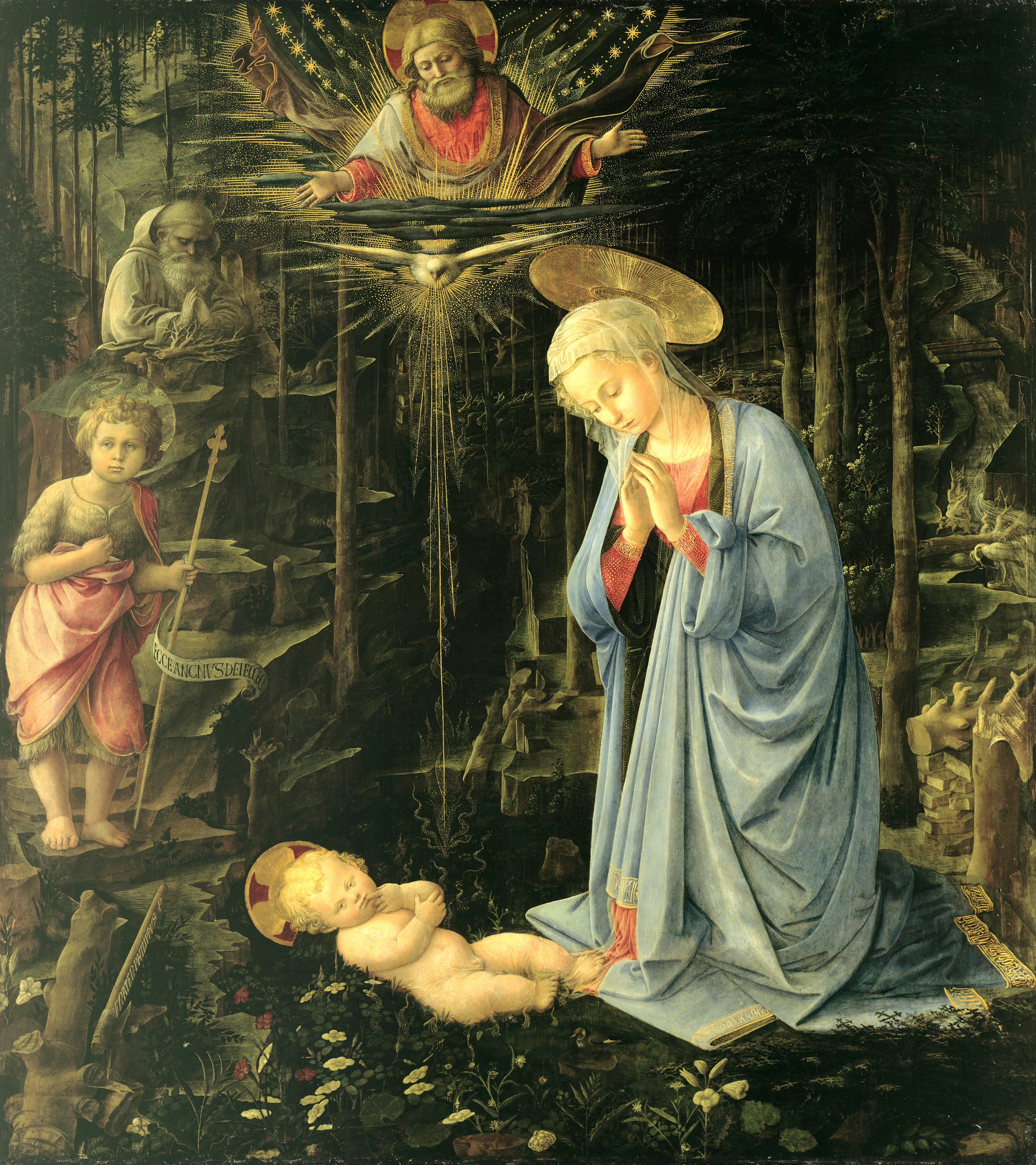 Filippo Lippi’s The Adoration in the Forest: Mary kneels before the baby on the ground of a dark forest, with the young John the Baptist, an old hermit saint, God the Father and the dove above.