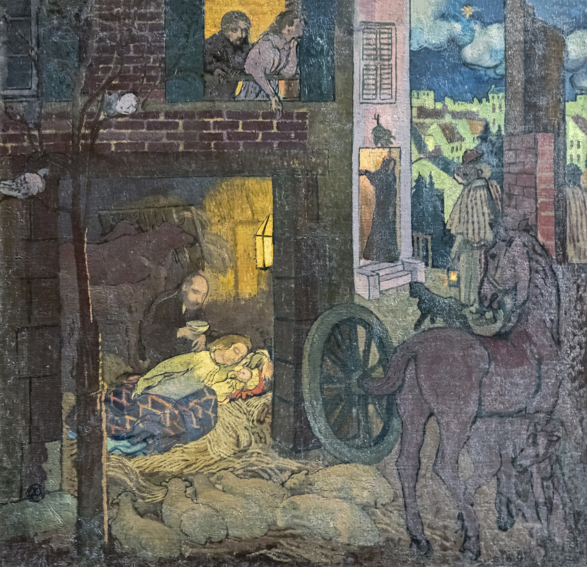 Maurice Denis’s Nativité: a lit stable in the lower corner of a night street, with figures at a lit window above and a carter beside his horse.