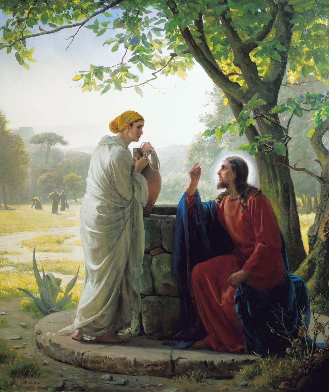 Woman at the Well by Carl Bloch (1872): Jesus sits beside a stone well talking with a Samaritan woman who holds a water jar. A painting of Jesus and the woman at the well.