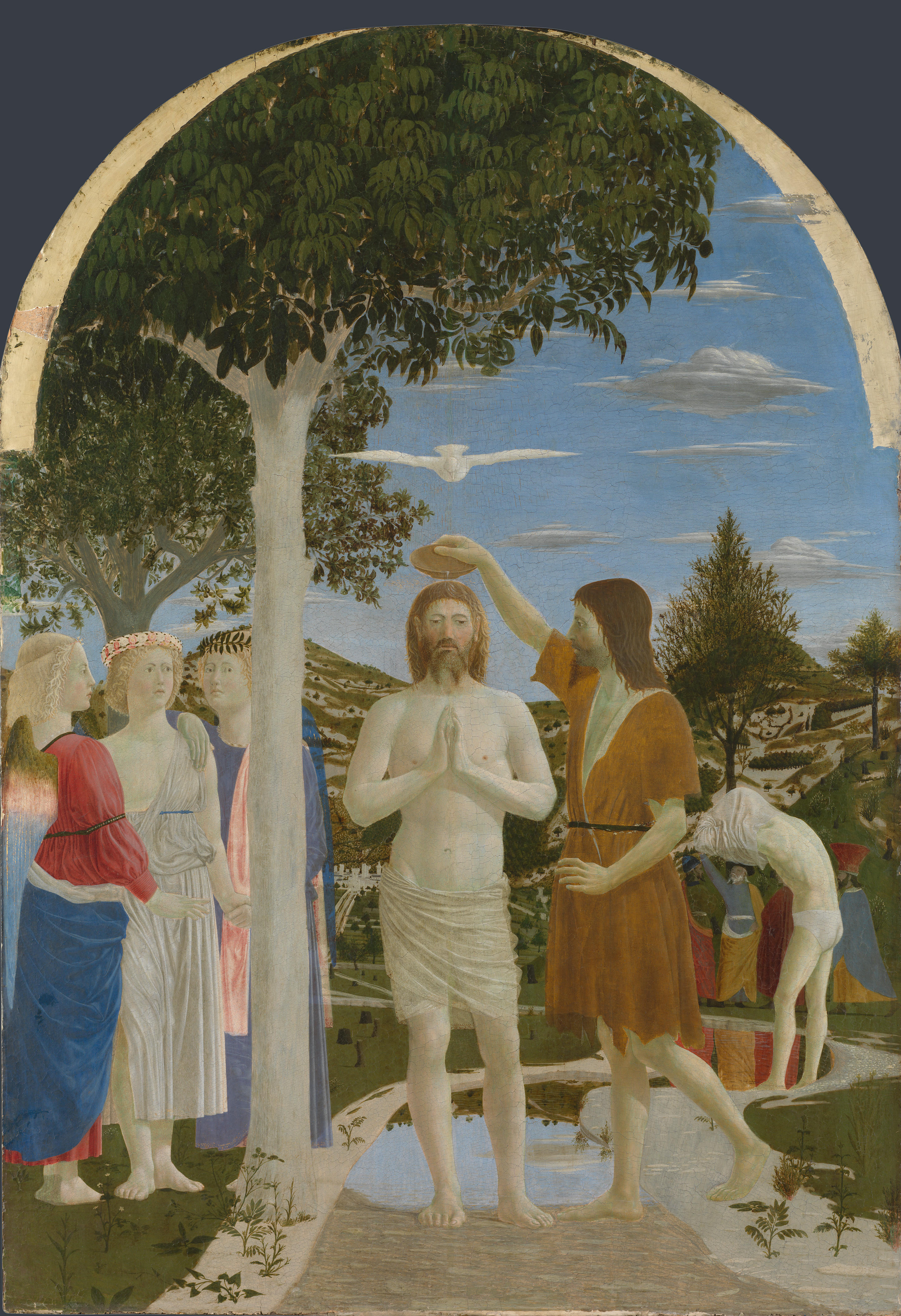 The Baptism of Christ by Piero della Francesca (probably about 1437–1445): the first Luminous Mystery of the Rosary, with John the Baptist pouring water over Jesus while a dove hovers above.