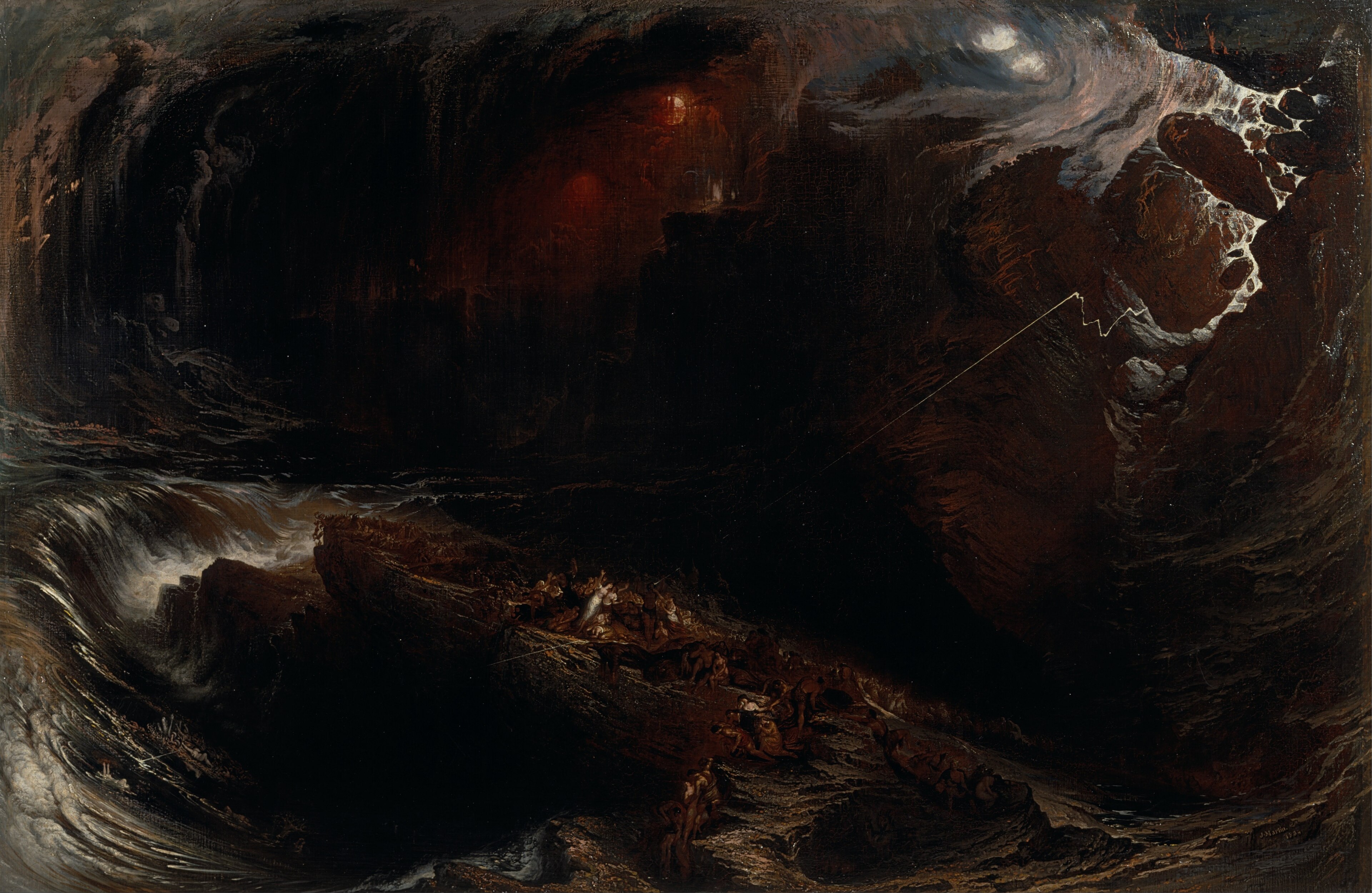 People cling to rocks while floodwaters surge beneath a tumultuous sky in The Deluge.