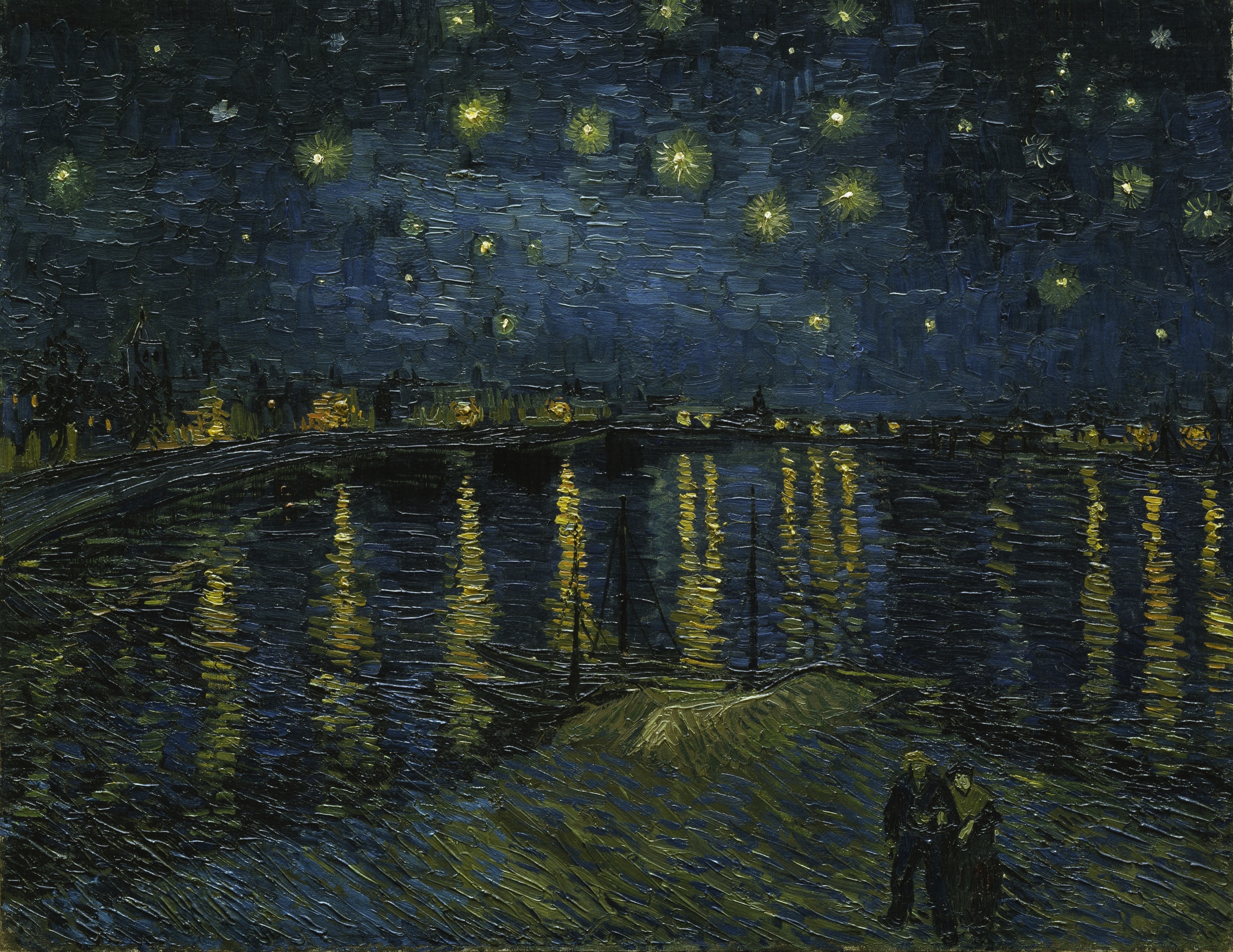 Starry Night Over the Rhône by Vincent van Gogh (1888): stars over the river at Arles, with the gaslights of the town reflected in the water. The painting Van Gogh linked to his need for religion.