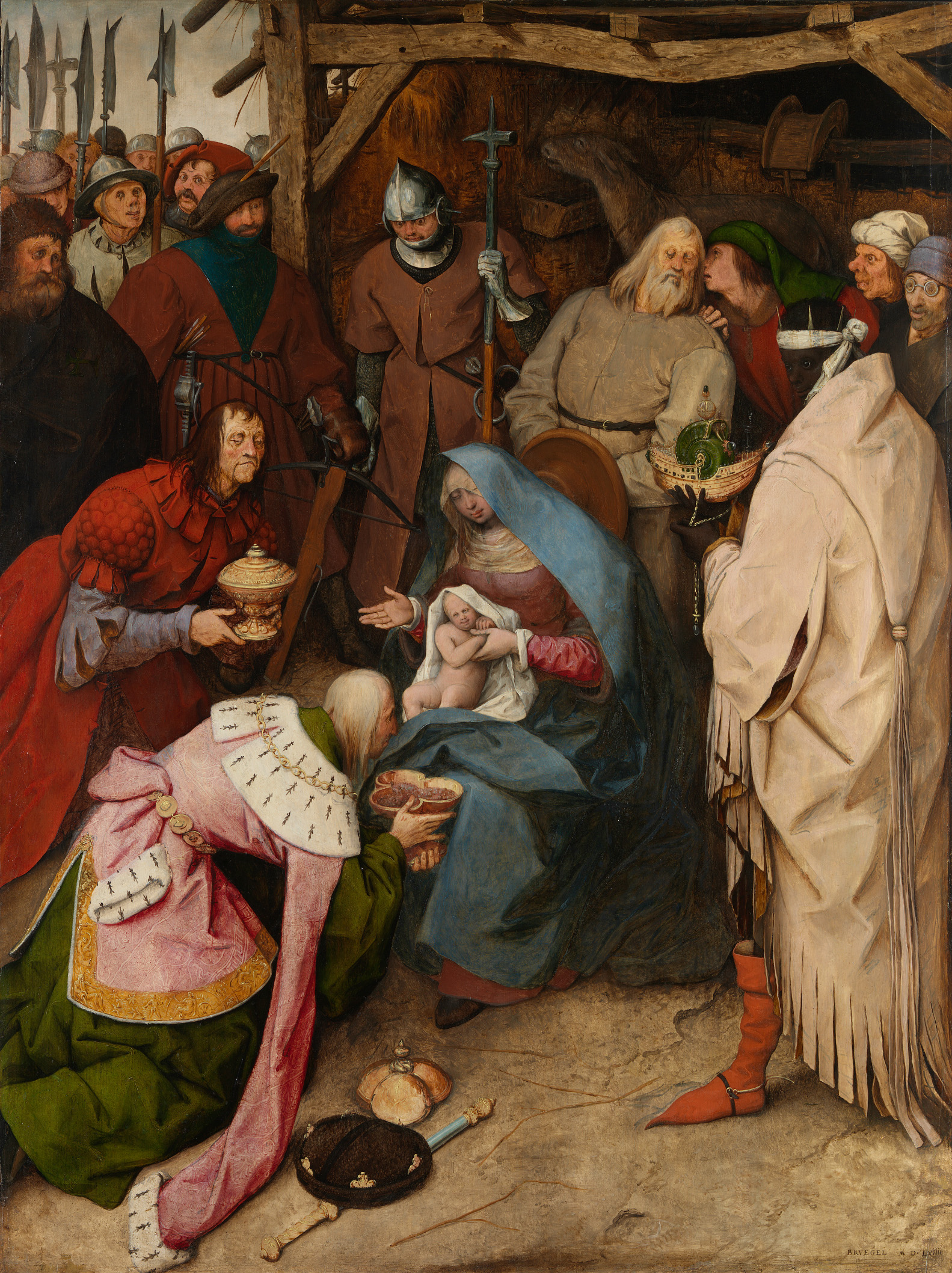 Pieter Bruegel the Elder’s 1564 Adoration of the Kings, an upright composition with the Magi crowded by soldiers and curious onlookers.