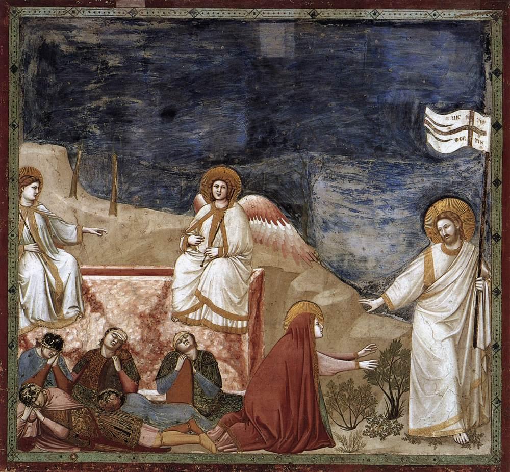 Resurrection (Noli me tangere) by Giotto (about 1305): Mary Magdalene kneels and reaches toward the risen Jesus beside the empty tomb, where two angels sit above sleeping guards.