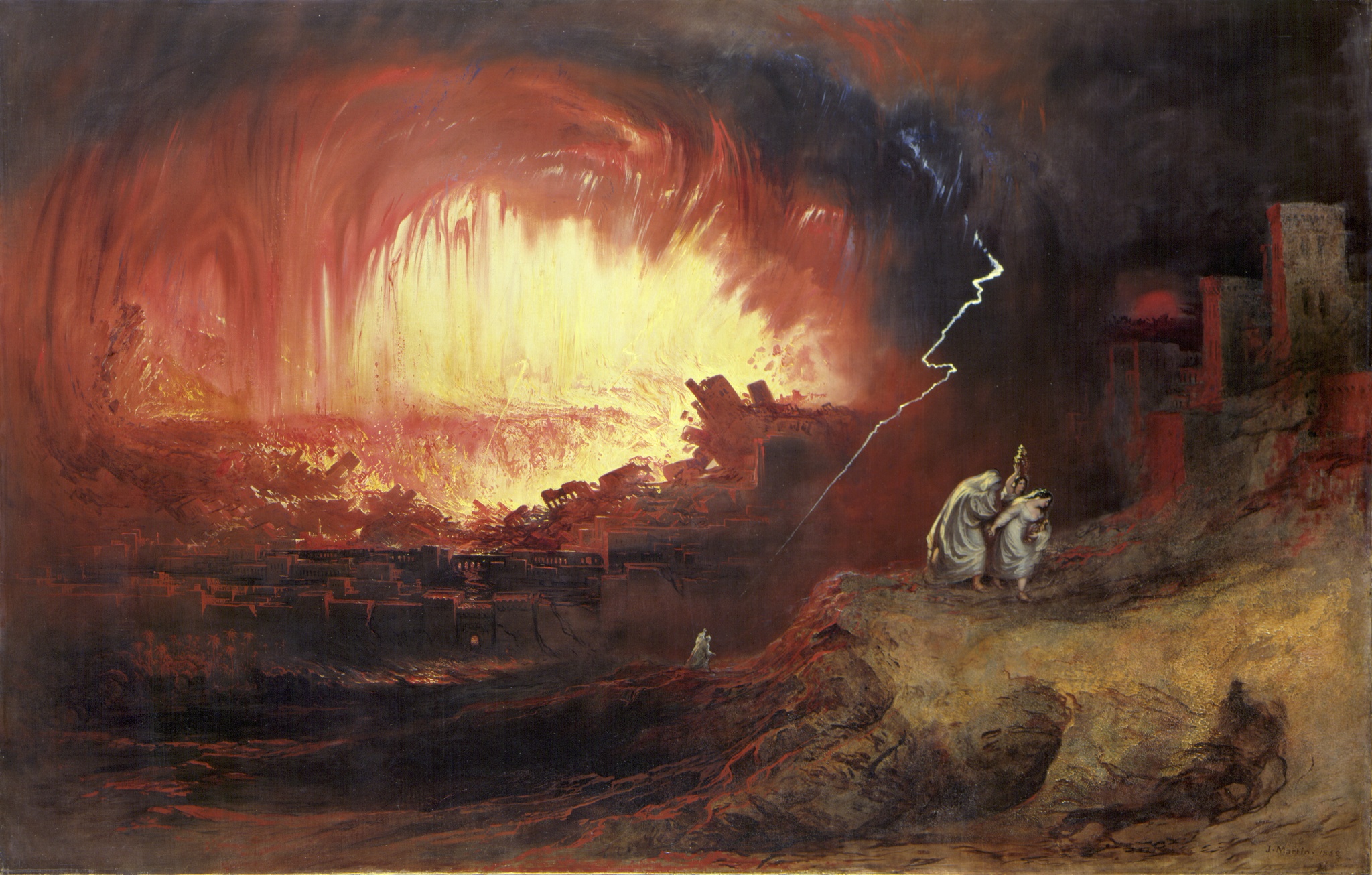 Lot and his daughters flee on the right as fire consumes Sodom and Gomorrah.