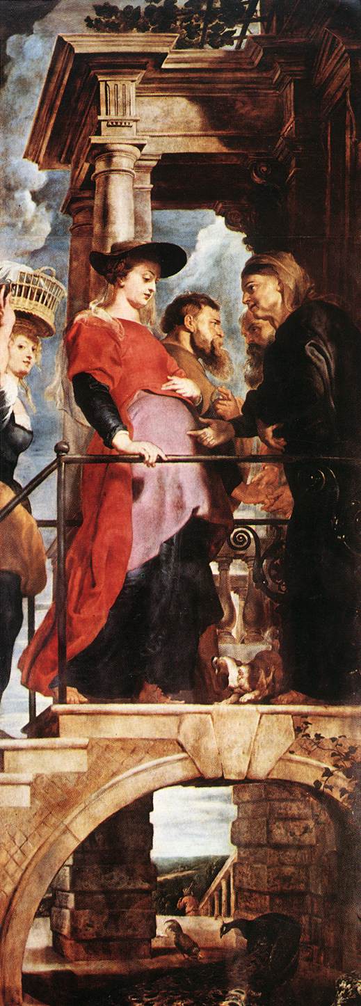 The Visitation, the left wing of Rubens’s Antwerp altarpiece, with the pregnant Mary meeting Elizabeth on a raised terrace.