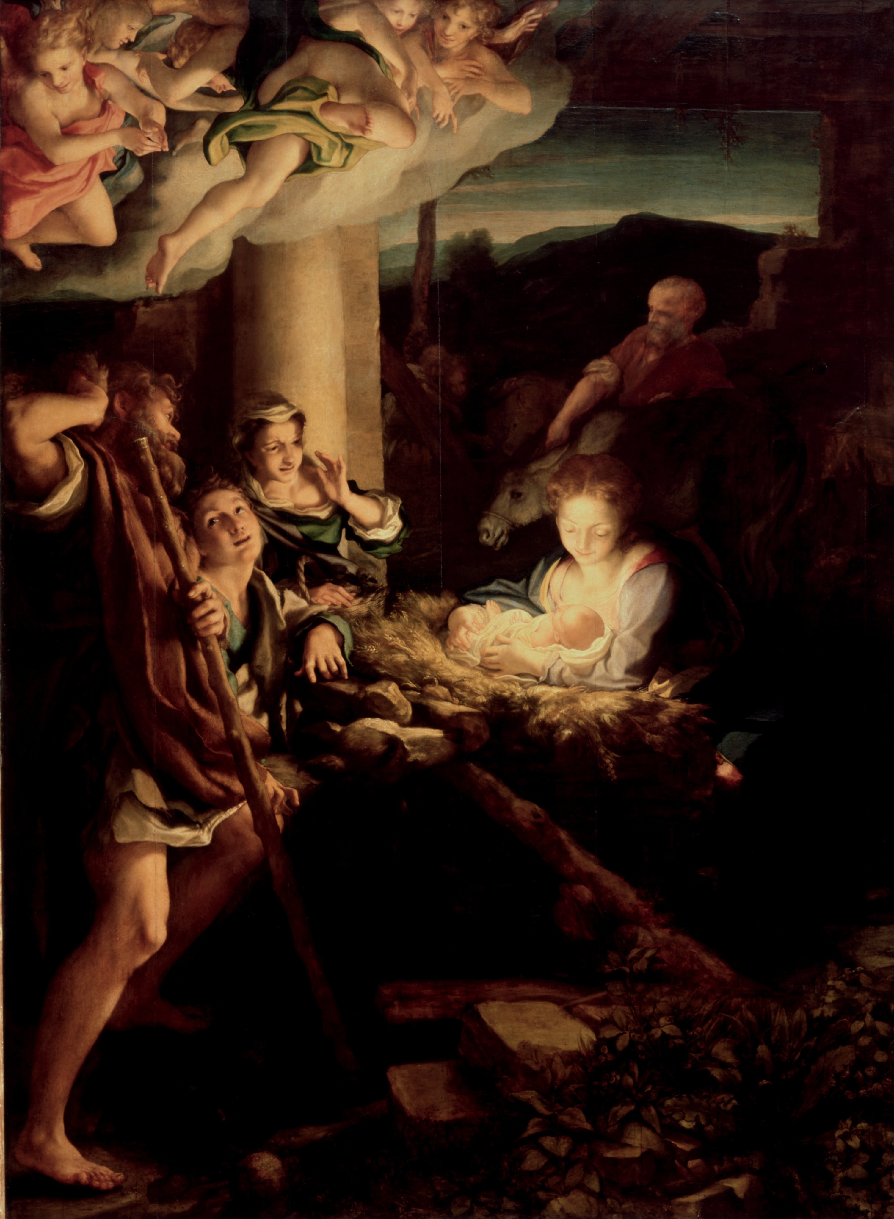 Correggio’s The Holy Night: light from the infant illuminates Mary while a nearby woman raises a hand toward her eyes.