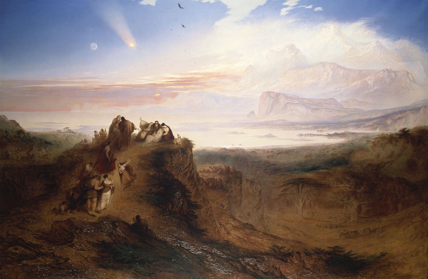 Figures gather in a broad, peaceful landscape before the Flood in The Eve of the Deluge.