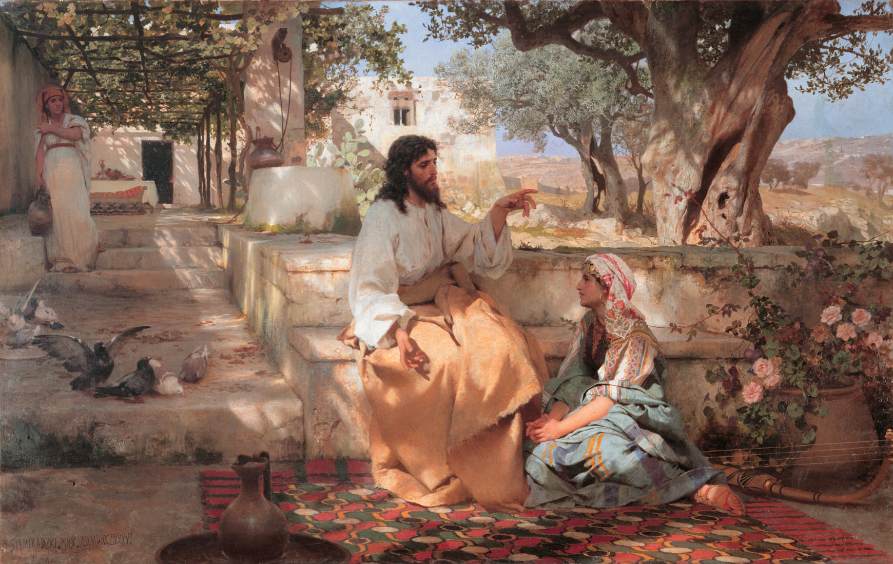 Christ in the House of Martha and Mary by Henryk Siemiradzki (1886): Mary sits on a carpet at the feet of Jesus, looking up at him as he speaks, on a sunlit terrace beside a vine-covered pergola. A painting of how Jesus treated women.