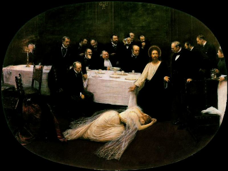 Mary Magdalene in the House of Simon the Pharisee by Jean Béraud (1891): men in black evening dress gather around a dinner table while a woman in a pale gown lies on the floor at the feet of Jesus. A painting of Jesus and the sinful woman in Luke 7.