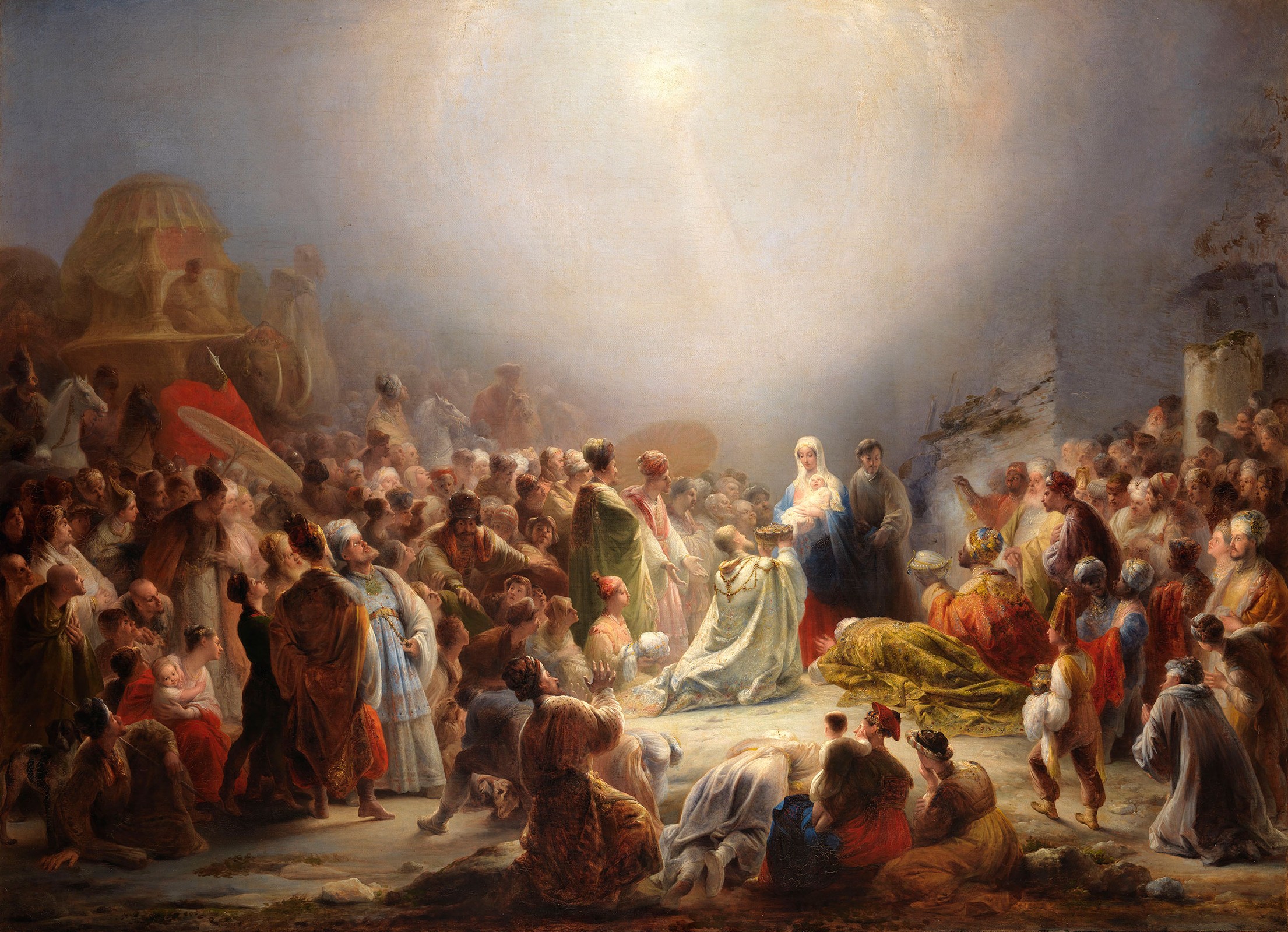 Domingos Sequeira’s Adoration of the Magi, with a vast gathering around Mary and Jesus beneath a brilliant pool of light.