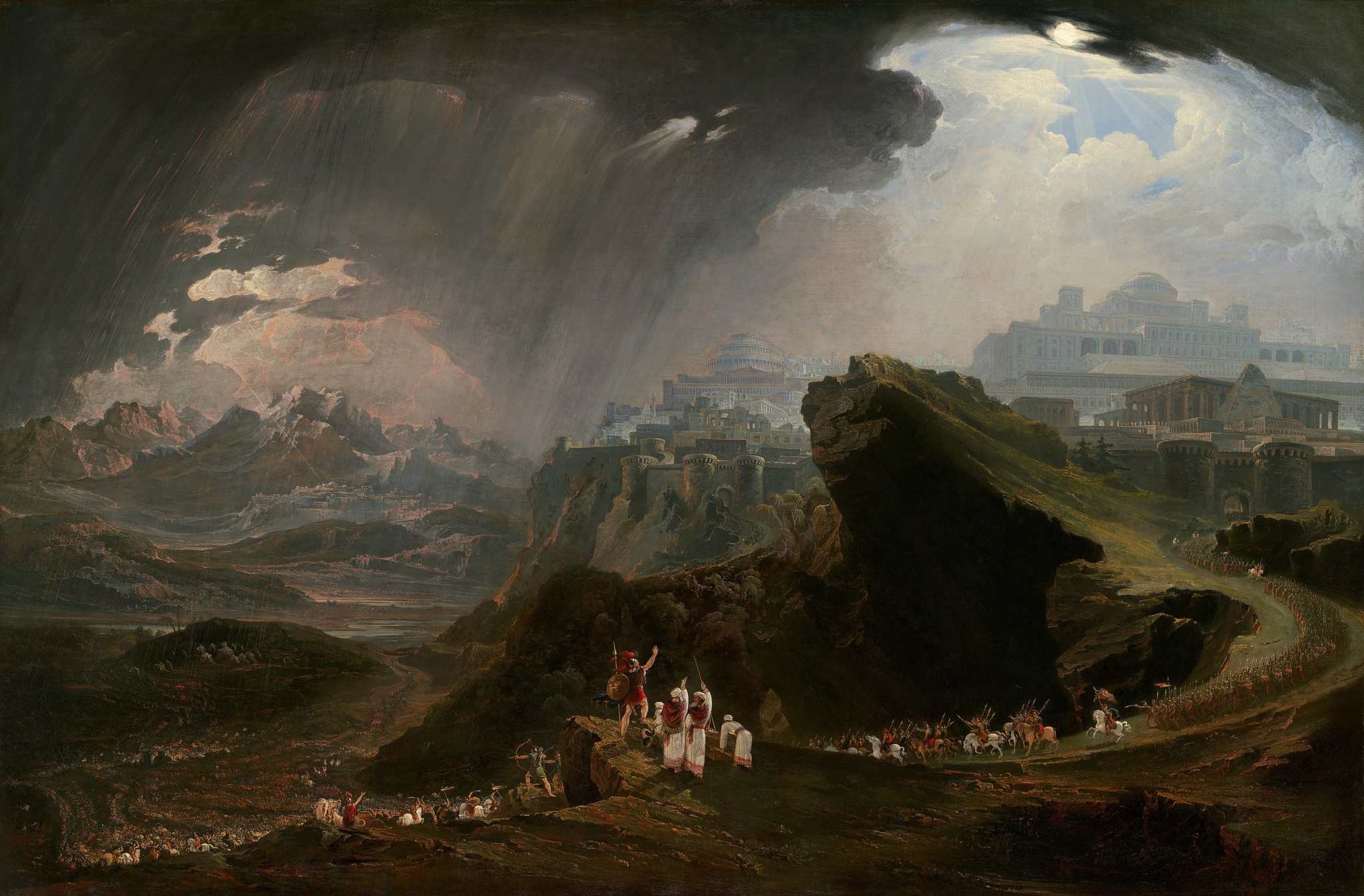 Joshua raises an arm above a battle beneath a storm and the sun over Gibeon.