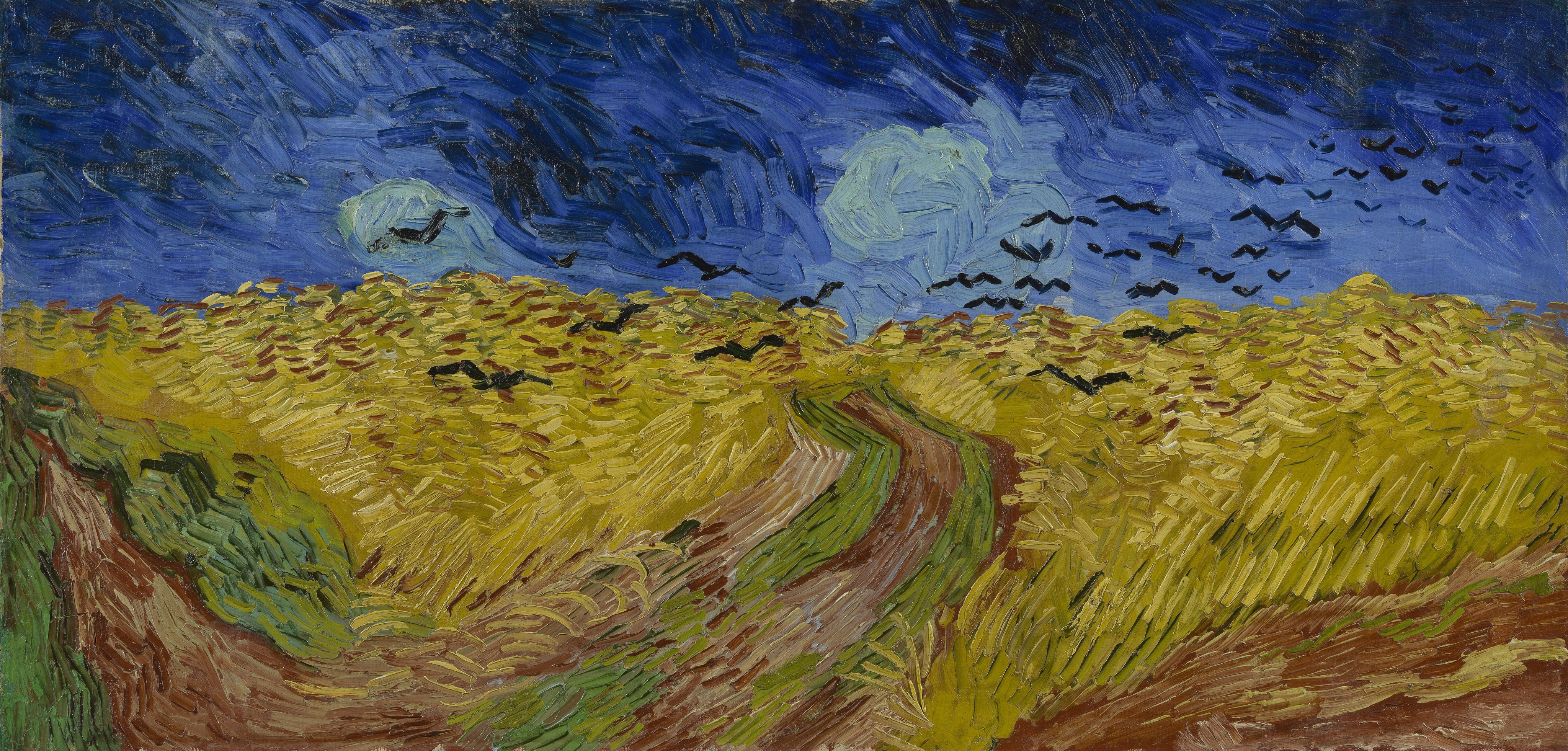 Wheatfield with Crows by Vincent van Gogh (1890): a wheat field under a dark, stormy sky with crows. One of the wheatfield paintings of Van Gogh’s last weeks.