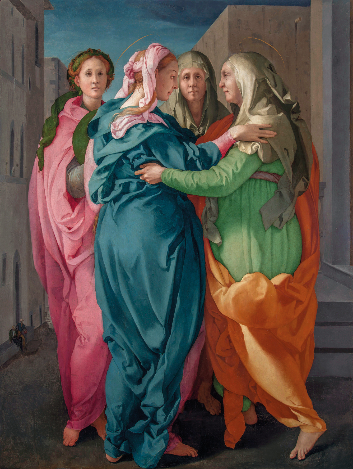 Pontormo’s Mannerist Visitation, with Mary and Elizabeth embracing beside two attendants, their draperies vivid pink, blue, green, and orange.