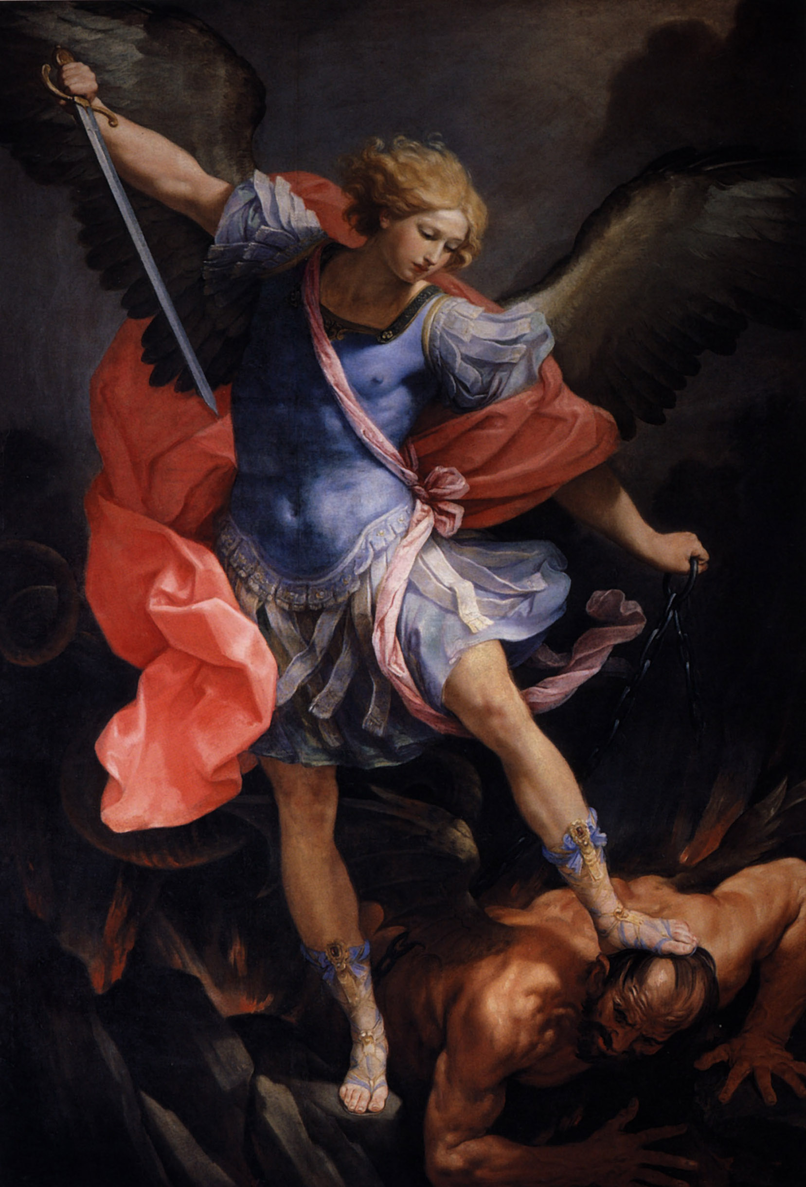Guido Reni’s Saint Michael, in blue armor and a red cloak, angles his sword downward, holds a chain in his left hand, and presses one foot on Satan’s head.