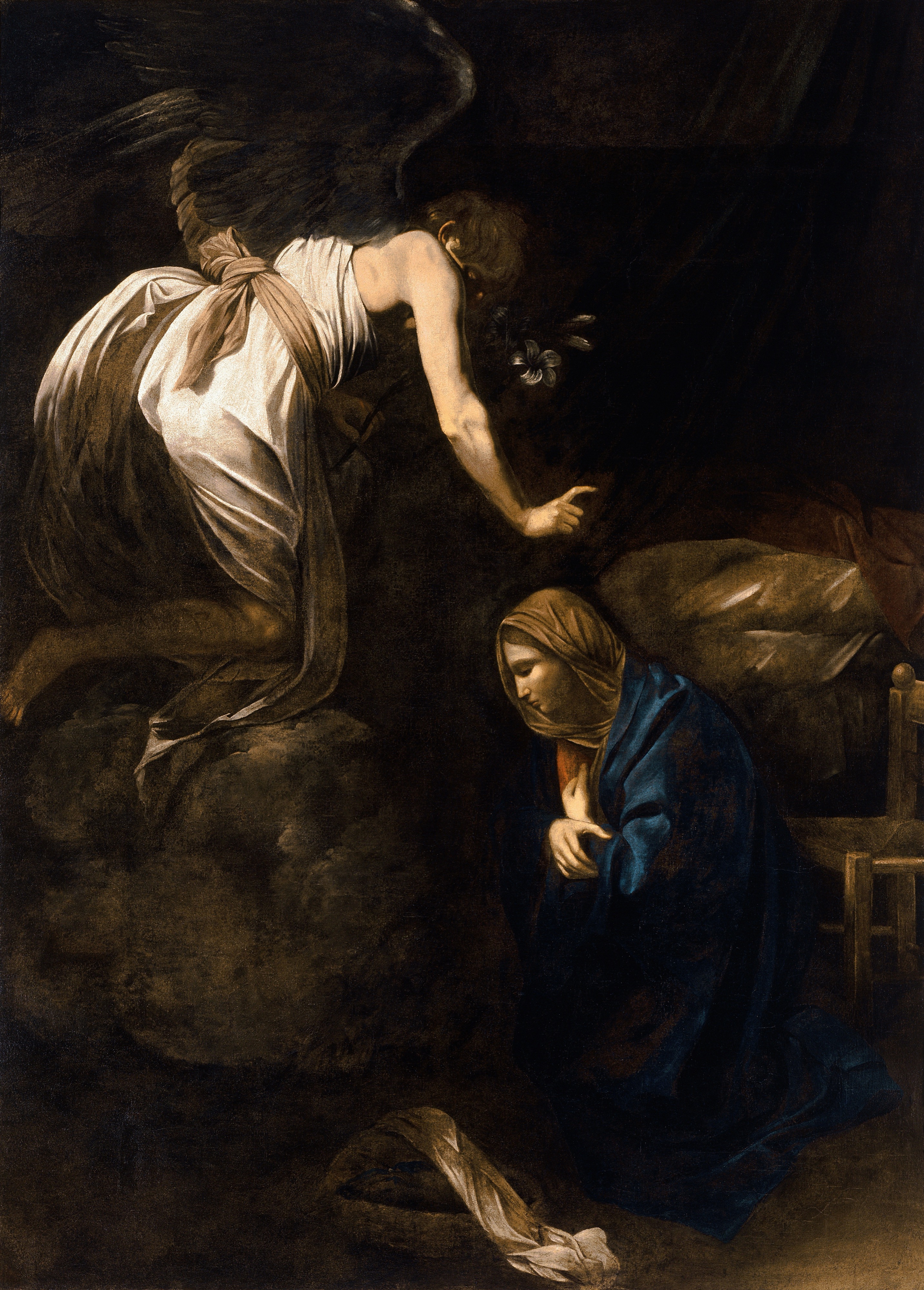 Caravaggio’s Annunciation, with Gabriel hovering diagonally above Mary in a dark interior.
