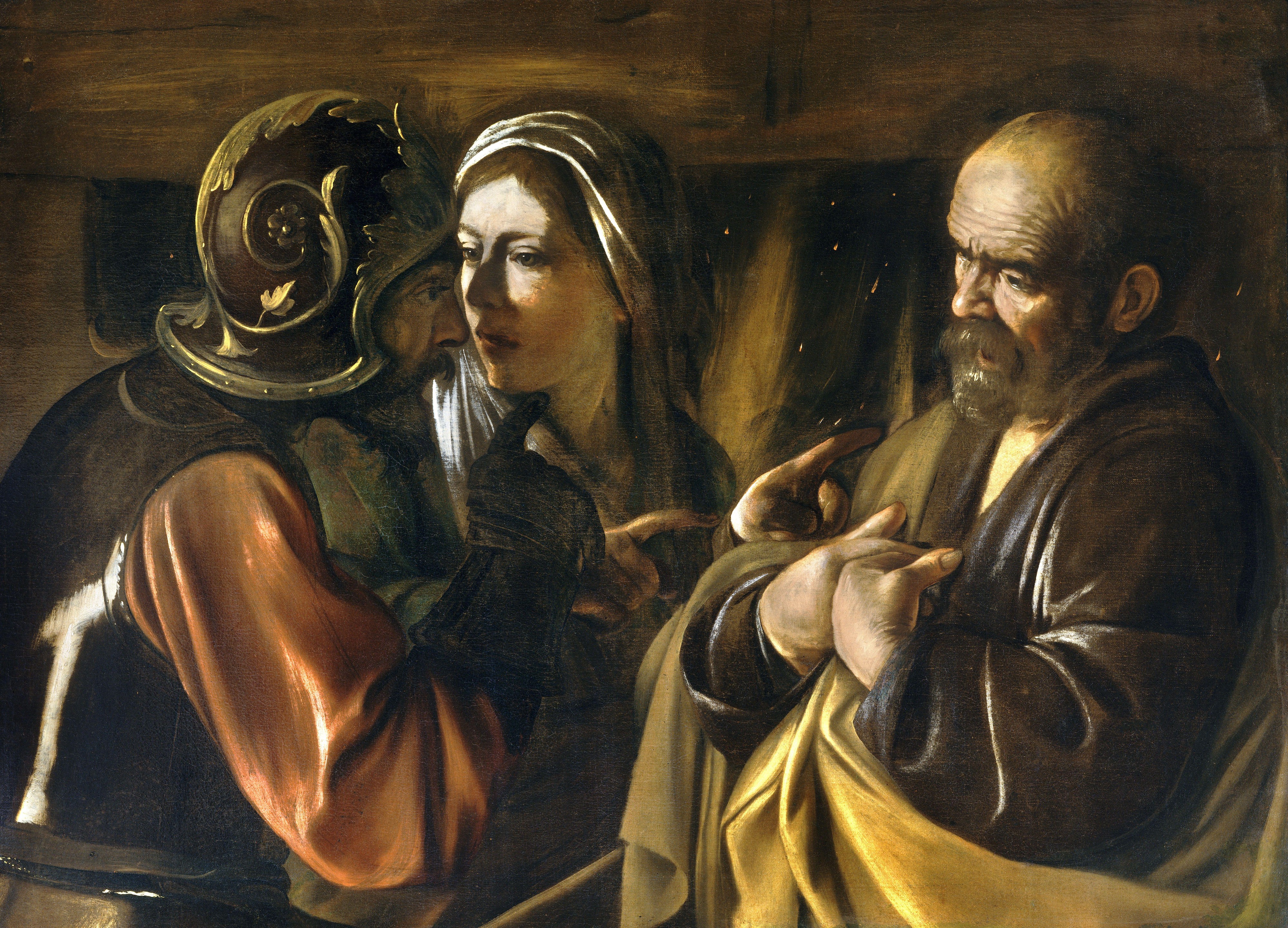 A soldier and a woman confront Peter beside a fire, while he points both hands toward his chest.