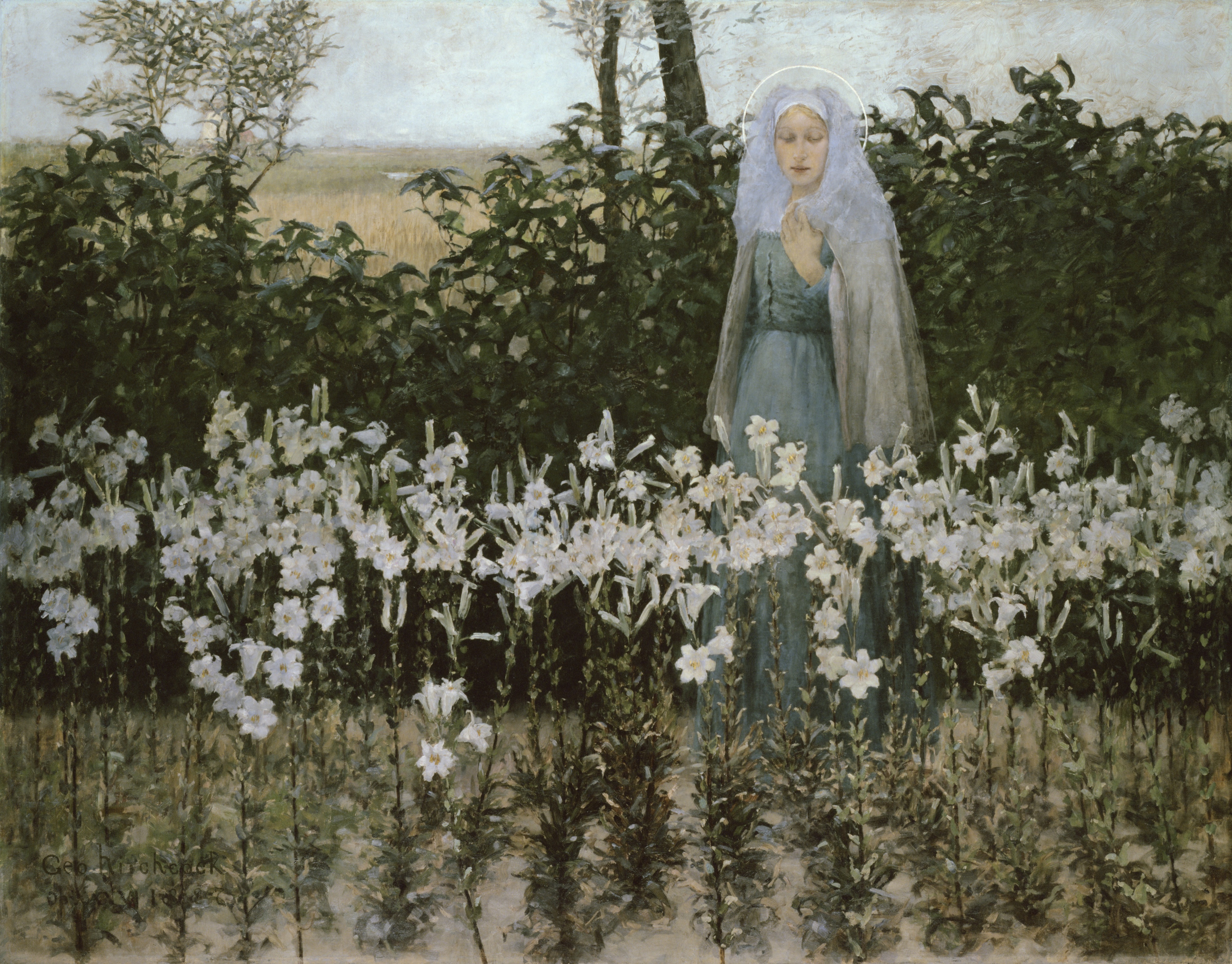 George Hitchcock’s The Annunciation: Mary stands among white lilies in a sunlit Dutch landscape, with no visible angel.