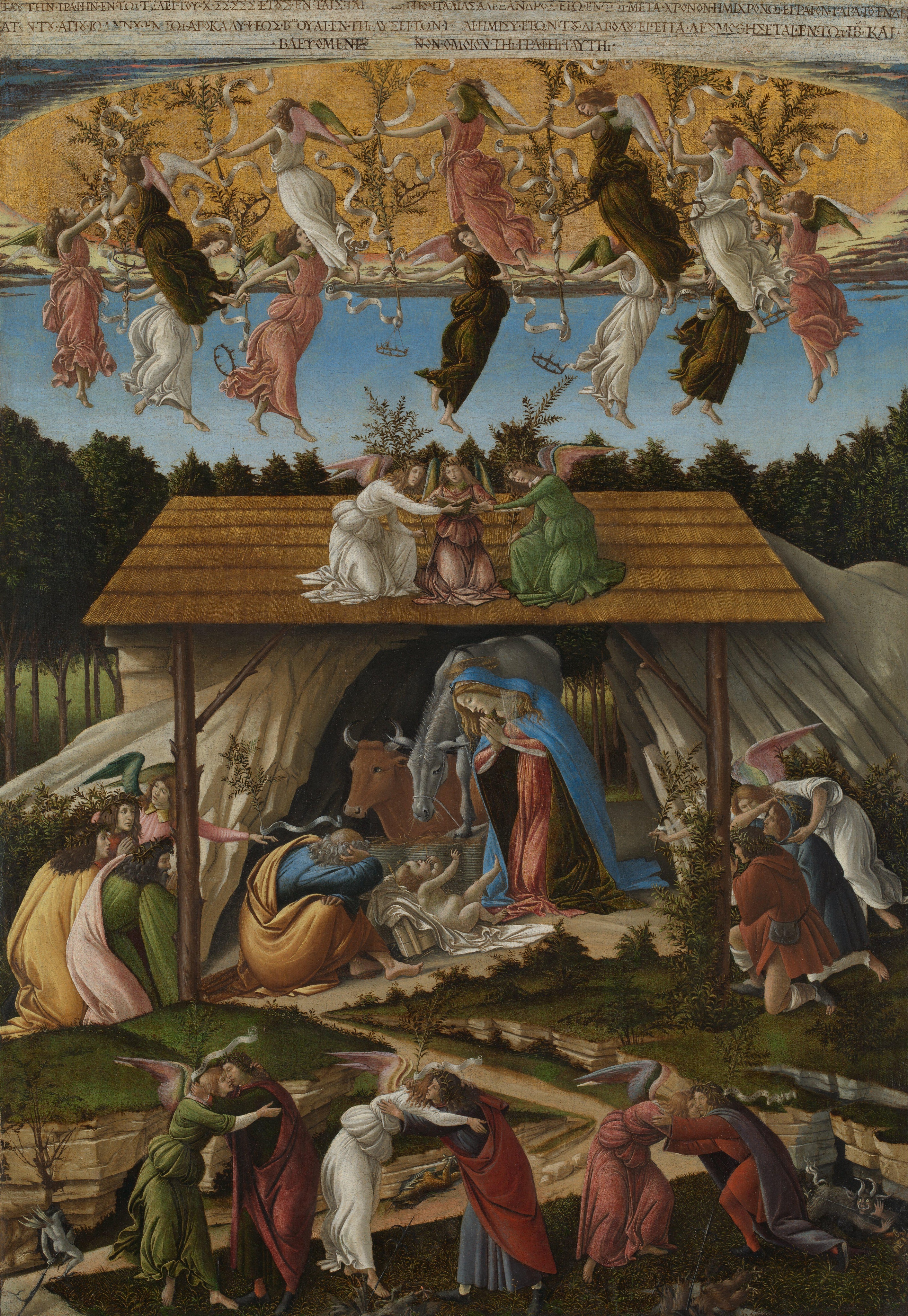 Botticelli’s Mystic Nativity: angels dance above Mary and Jesus while men embrace angels and small devils flee into rocks below.