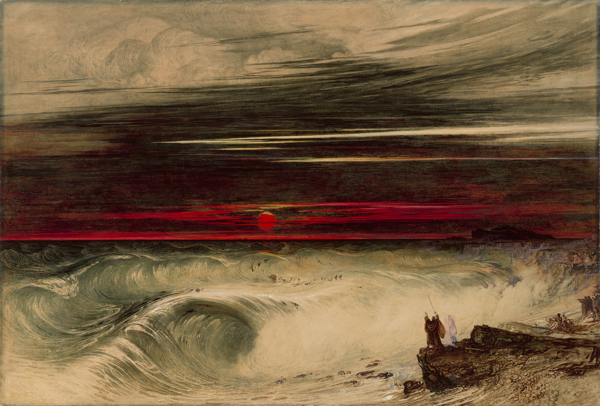 A towering wave overwhelms Pharaoh’s army below a red sky, with figures on a rocky ledge.