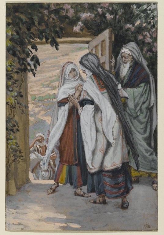 James Tissot’s watercolour The Visitation, showing Mary and Elizabeth greeting one another beside a garden doorway.